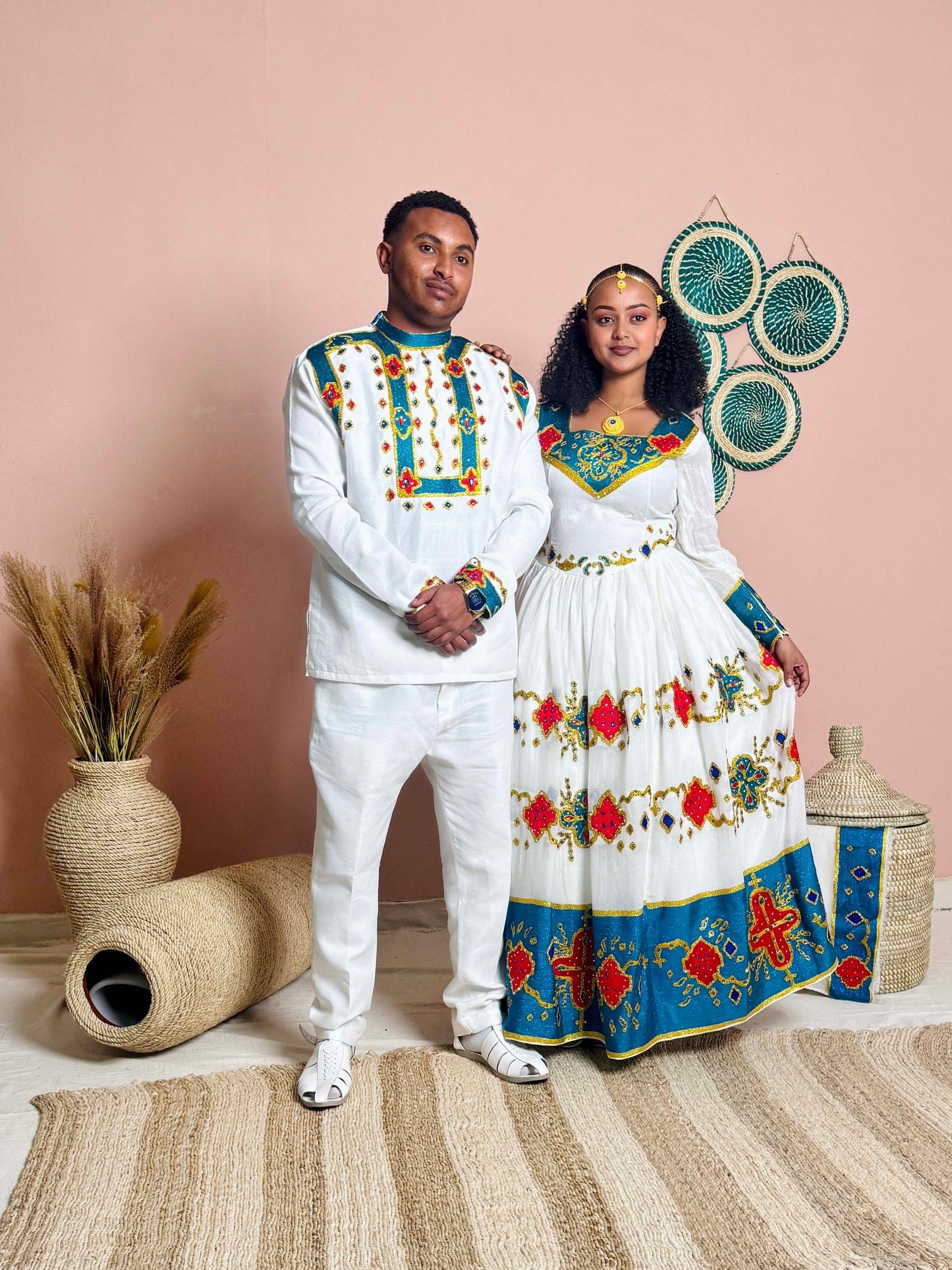 Couples Wedding Attire | Blue Embroidery | Ethiopian Craftsmanship| Habesha Wedding Dress | Handwoven Ethiopian Dress Hab82