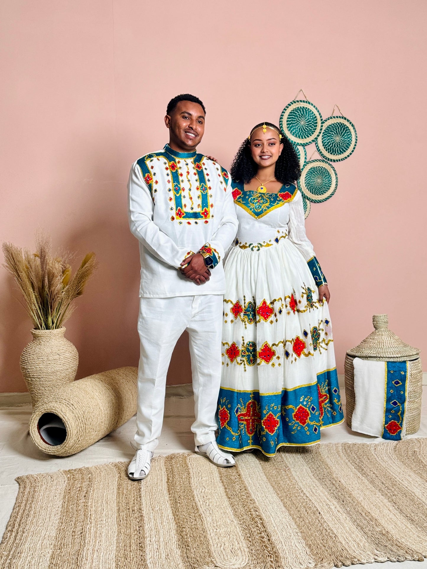 Couples Wedding Attire | Blue Embroidery | Ethiopian Craftsmanship| Habesha Wedding Dress | Handwoven Ethiopian Dress Hab82