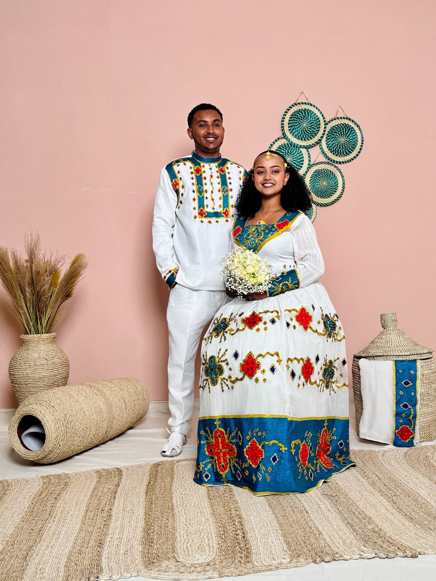 Couples Wedding Attire | Blue Embroidery | Ethiopian Craftsmanship| Habesha Wedding Dress | Handwoven Ethiopian Dress Hab82