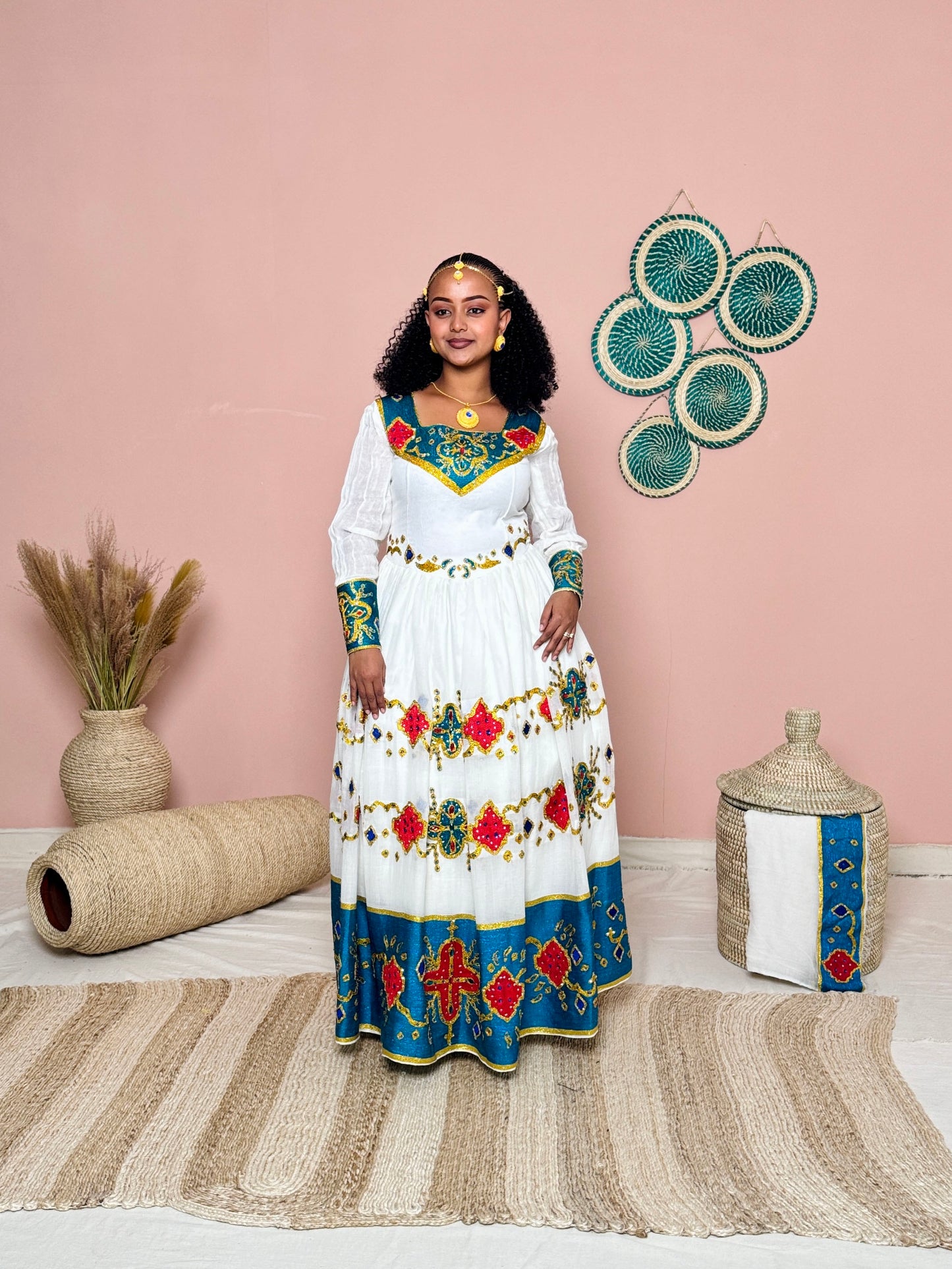 Couples Wedding Attire | Blue Embroidery | Ethiopian Craftsmanship| Habesha Wedding Dress | Handwoven Ethiopian Dress Hab82