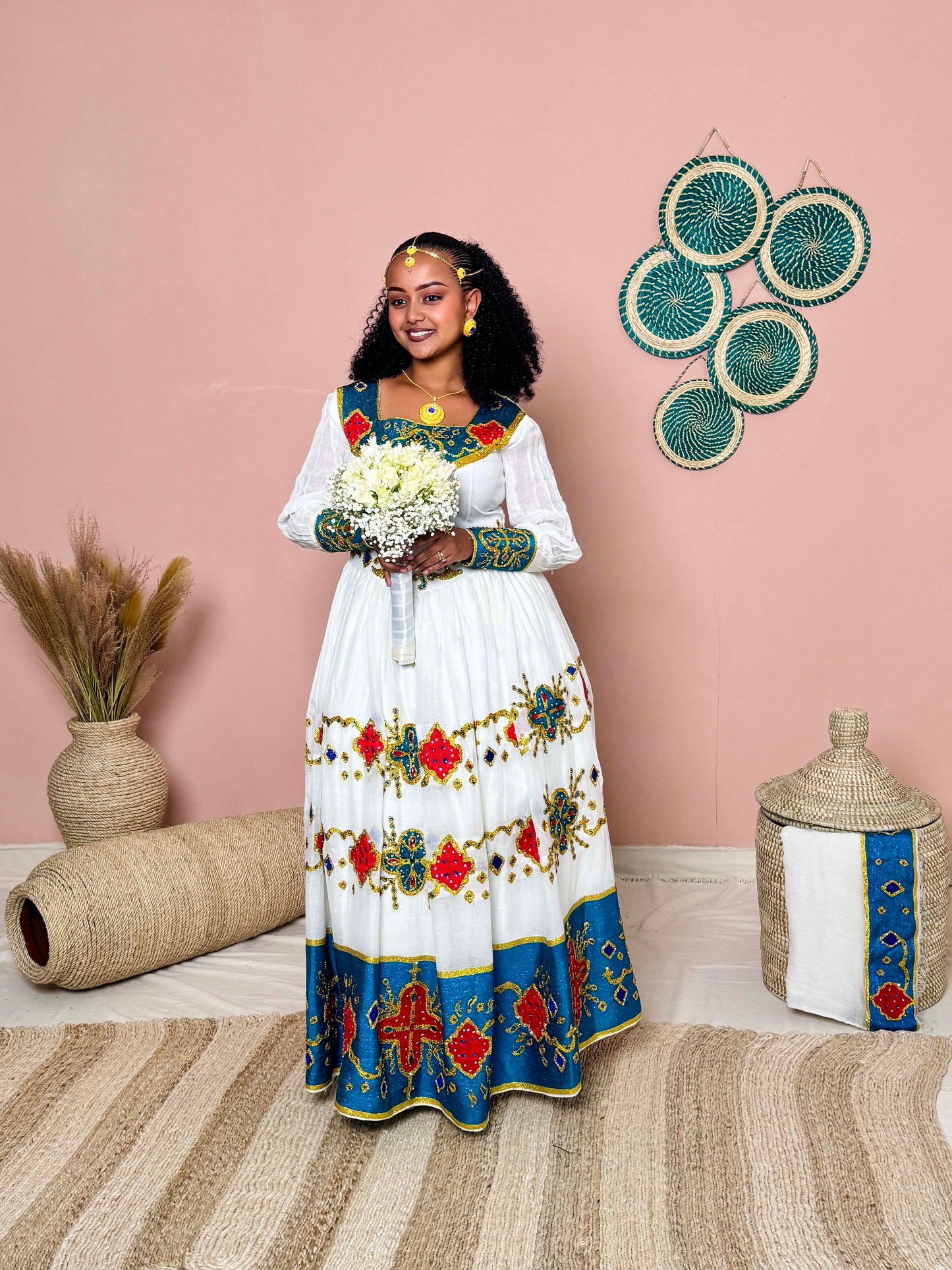 Couples Wedding Attire | Blue Embroidery | Ethiopian Craftsmanship| Habesha Wedding Dress | Handwoven Ethiopian Dress Hab82