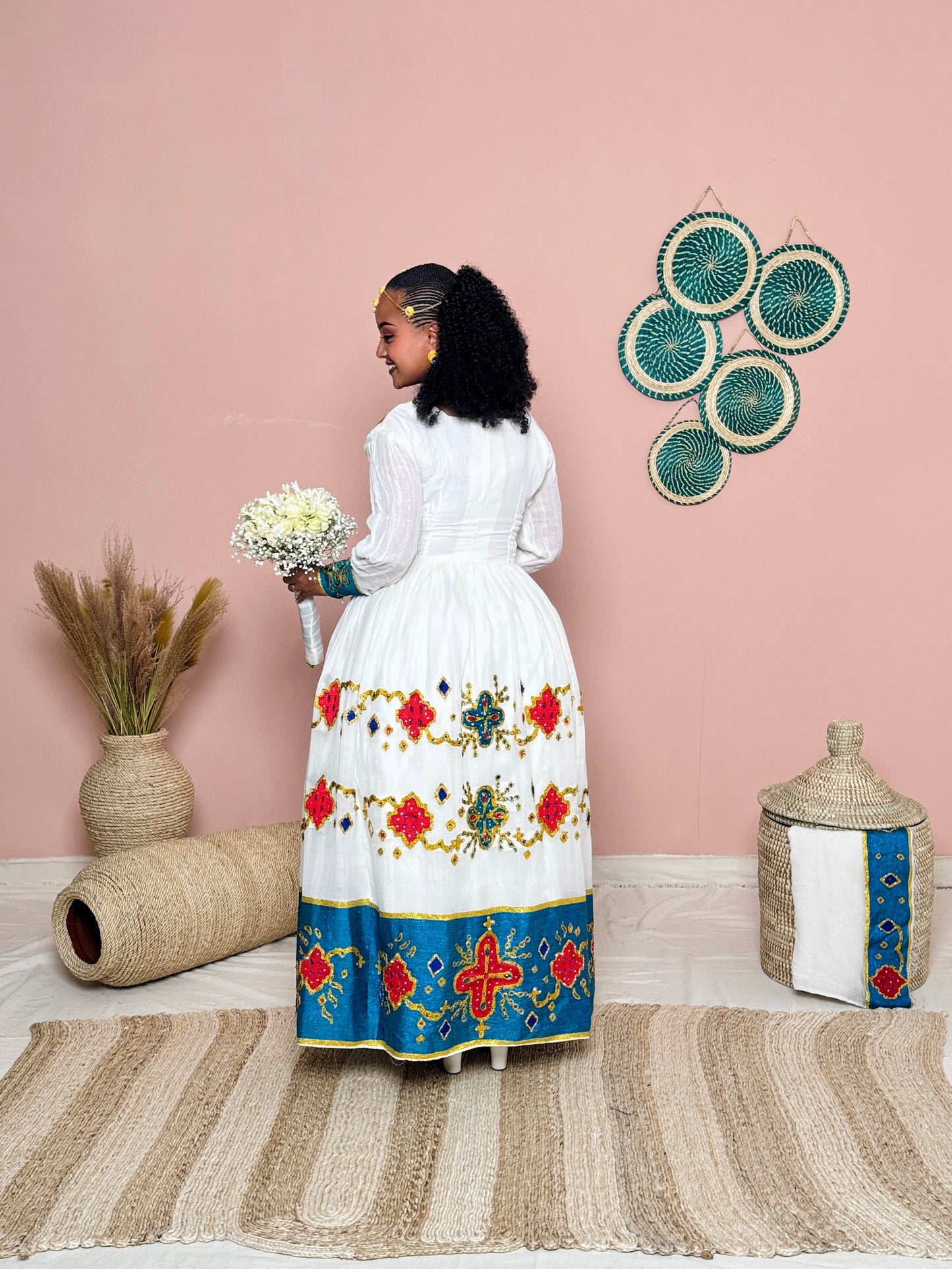 Couples Wedding Attire | Blue Embroidery | Ethiopian Craftsmanship| Habesha Wedding Dress | Handwoven Ethiopian Dress Hab82