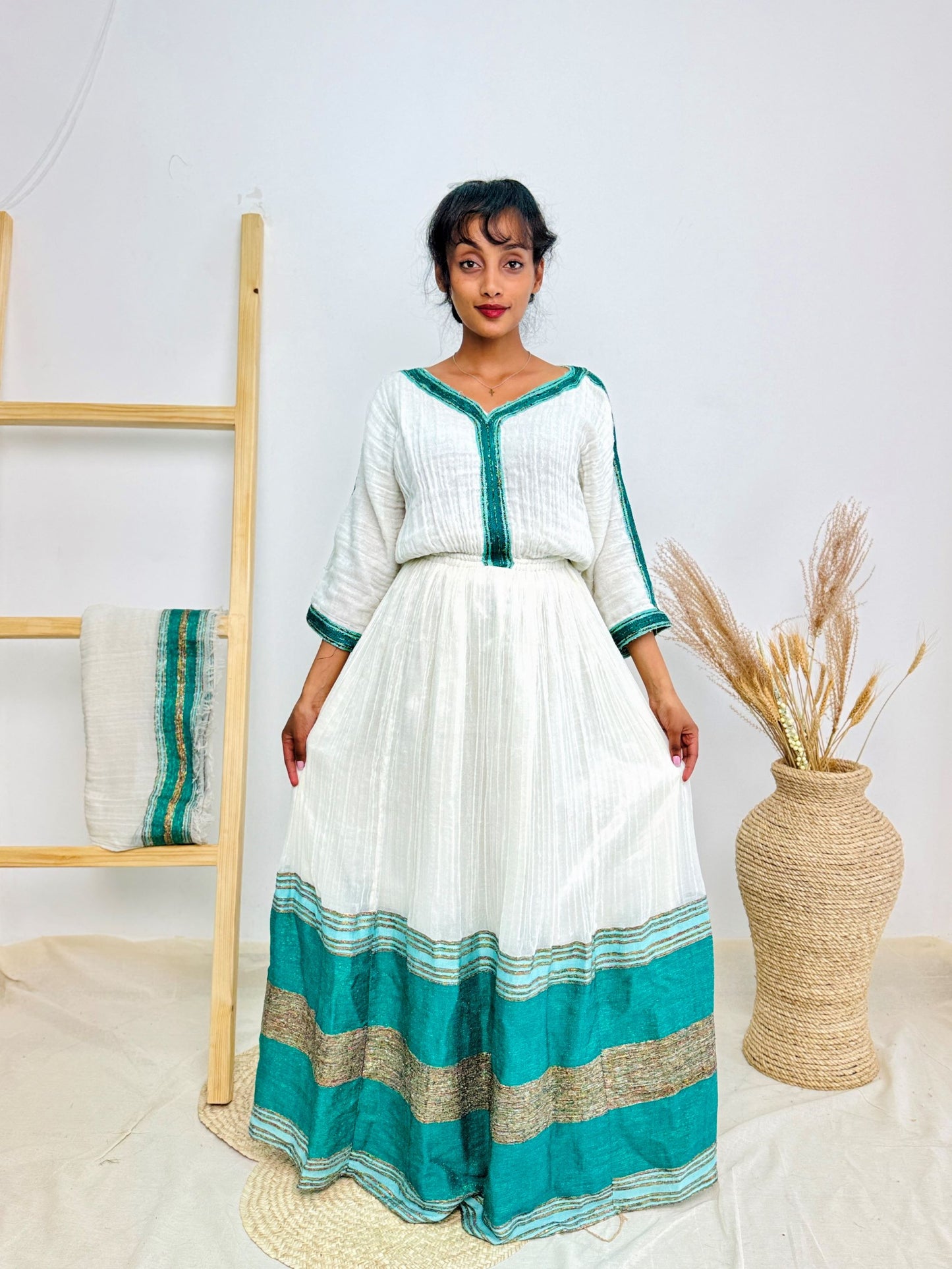 Ethiopian Habesha Dress | Teal Tilet Border | Handwoven Cotton | Elegant Flare Hem Hab239