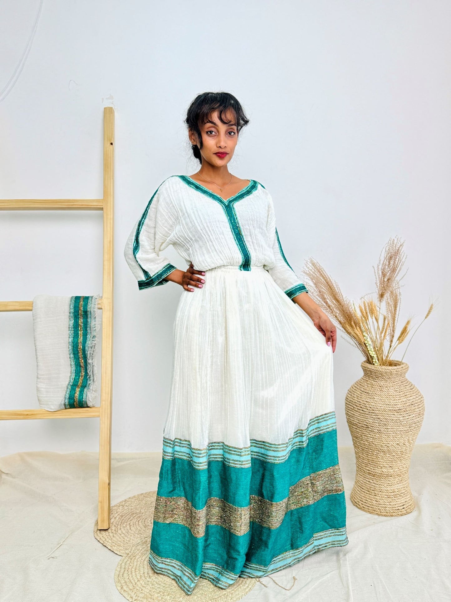 Ethiopian Habesha Dress | Teal Tilet Border | Handwoven Cotton | Elegant Flare Hem Hab239