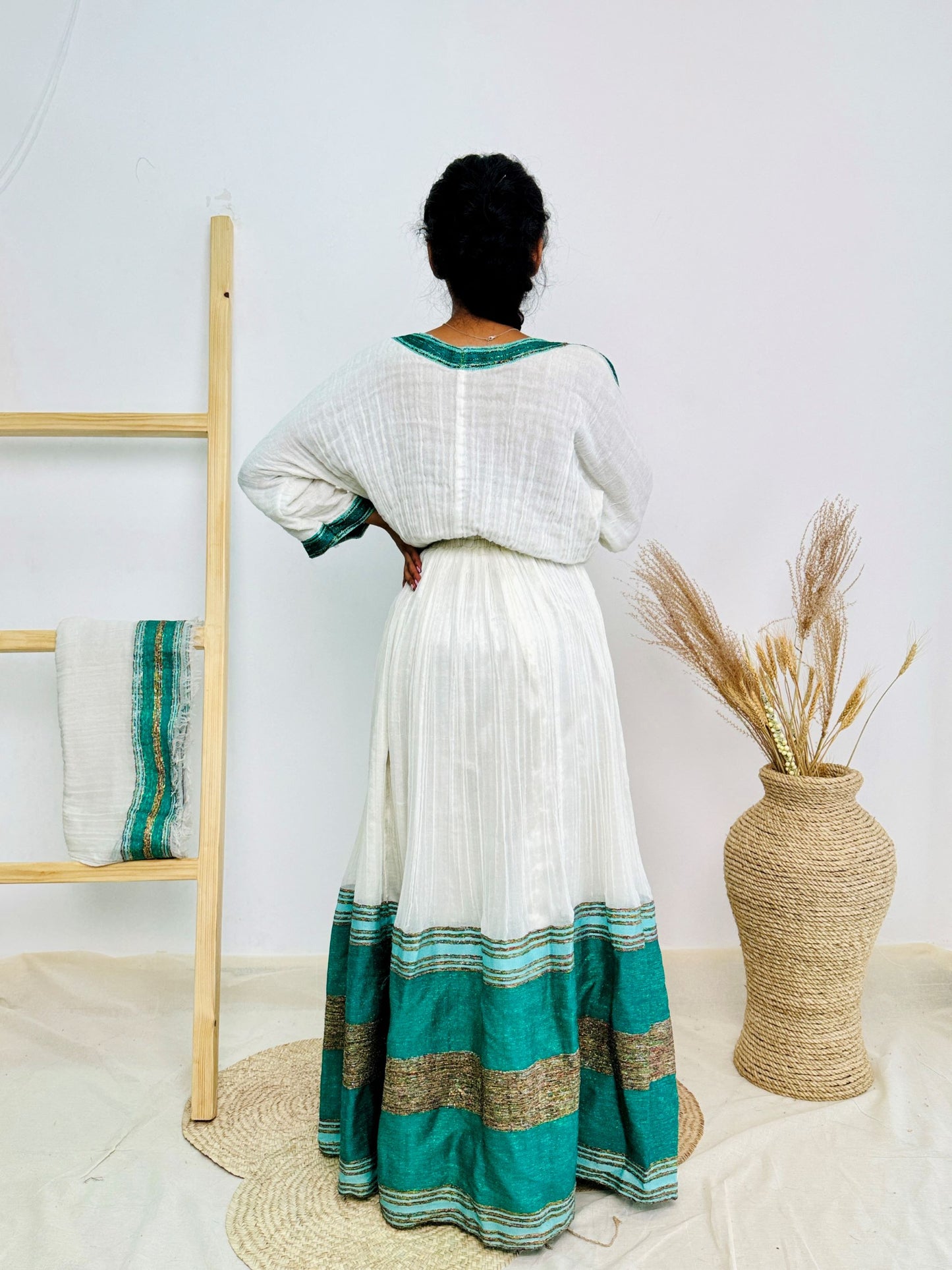 Ethiopian Habesha Dress | Teal Tilet Border | Handwoven Cotton | Elegant Flare Hem Hab239