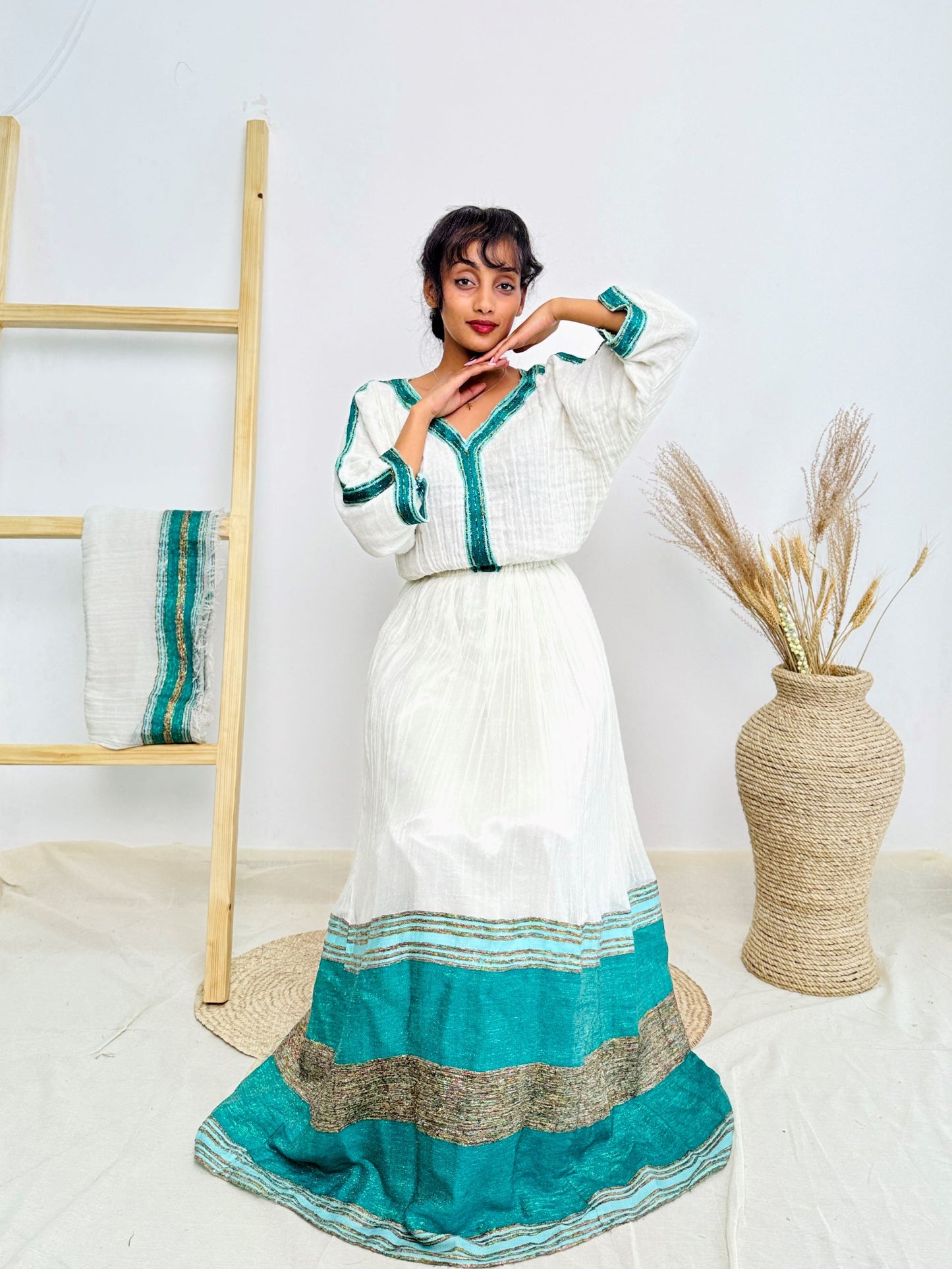Ethiopian Habesha Dress | Teal Tilet Border | Handwoven Cotton | Elegant Flare Hem Hab239