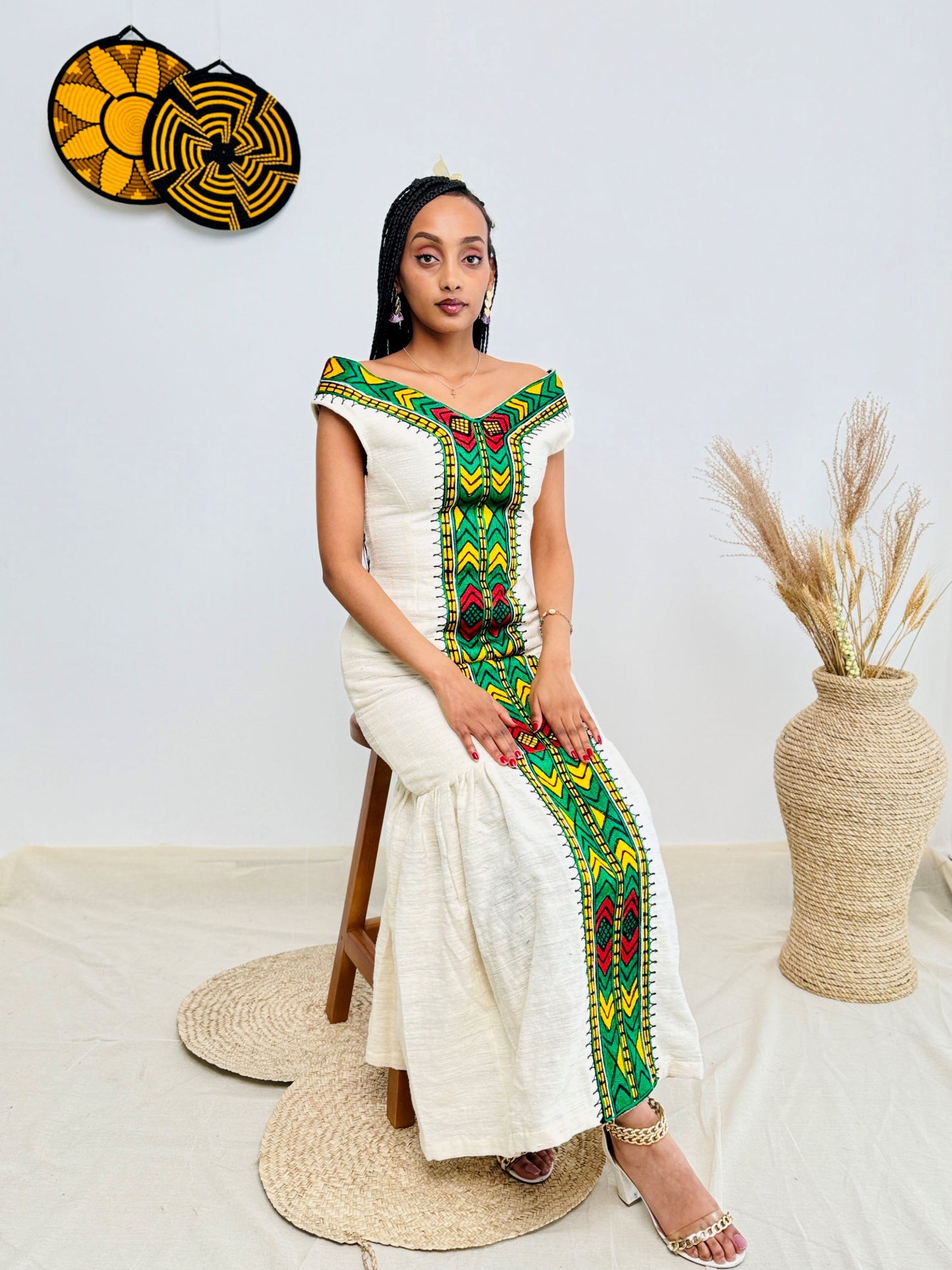 Ethiopian Cultural Dress | Sleeveless Habesha Kemis | Elegant Floor-Length Cut | Bold Green, Yellow & Red Tibeb | Traditional Yet Timeless Hab170