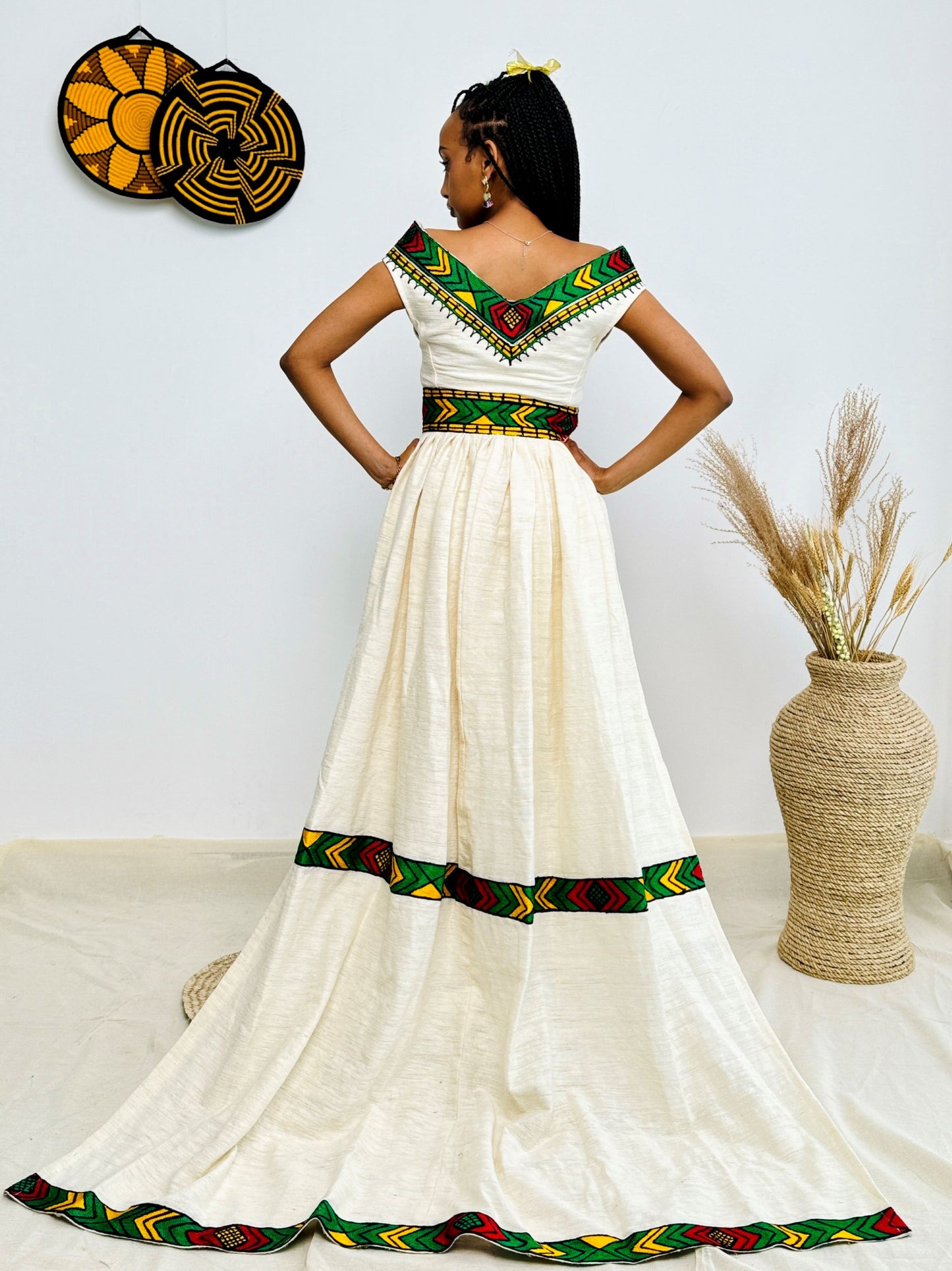 Ethiopian Cultural Dress | Sleeveless Habesha Kemis | Elegant Floor-Length Cut | Bold Green, Yellow & Red Tibeb | Traditional Yet Timeless Hab170