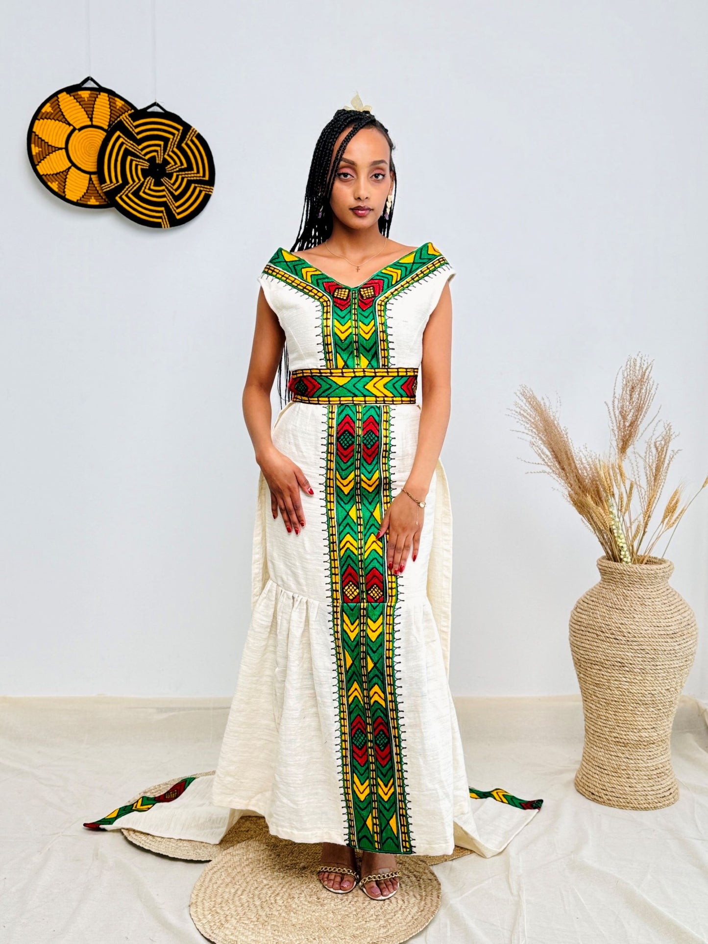 Ethiopian Cultural Dress | Sleeveless Habesha Kemis | Elegant Floor-Length Cut | Bold Green, Yellow & Red Tibeb | Traditional Yet Timeless Hab170