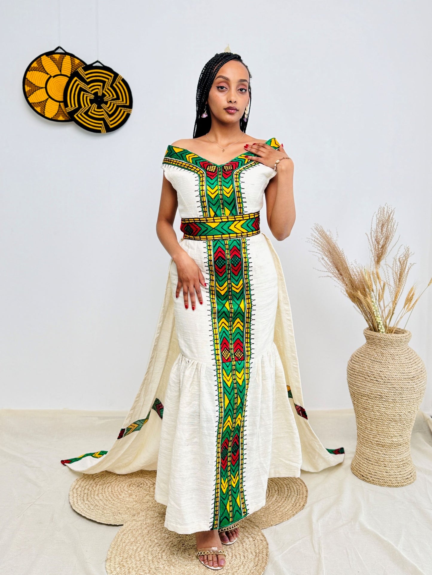 Ethiopian Cultural Dress | Sleeveless Habesha Kemis | Elegant Floor-Length Cut | Bold Green, Yellow & Red Tibeb | Traditional Yet Timeless Hab170