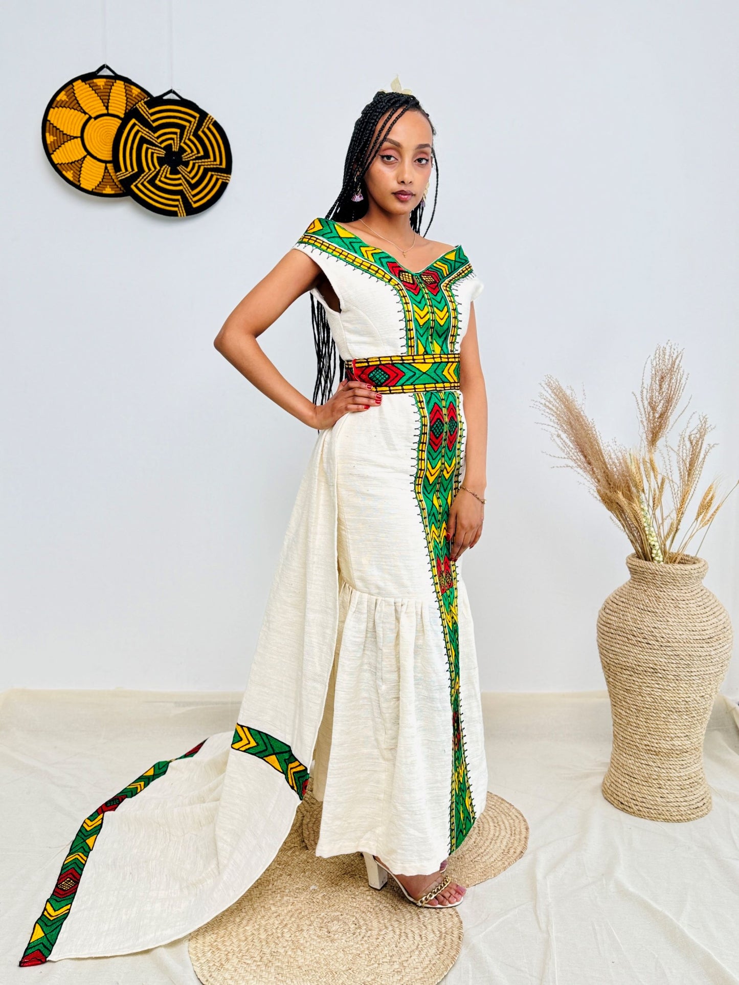 Ethiopian Cultural Dress | Sleeveless Habesha Kemis | Elegant Floor-Length Cut | Bold Green, Yellow & Red Tibeb | Traditional Yet Timeless Hab170