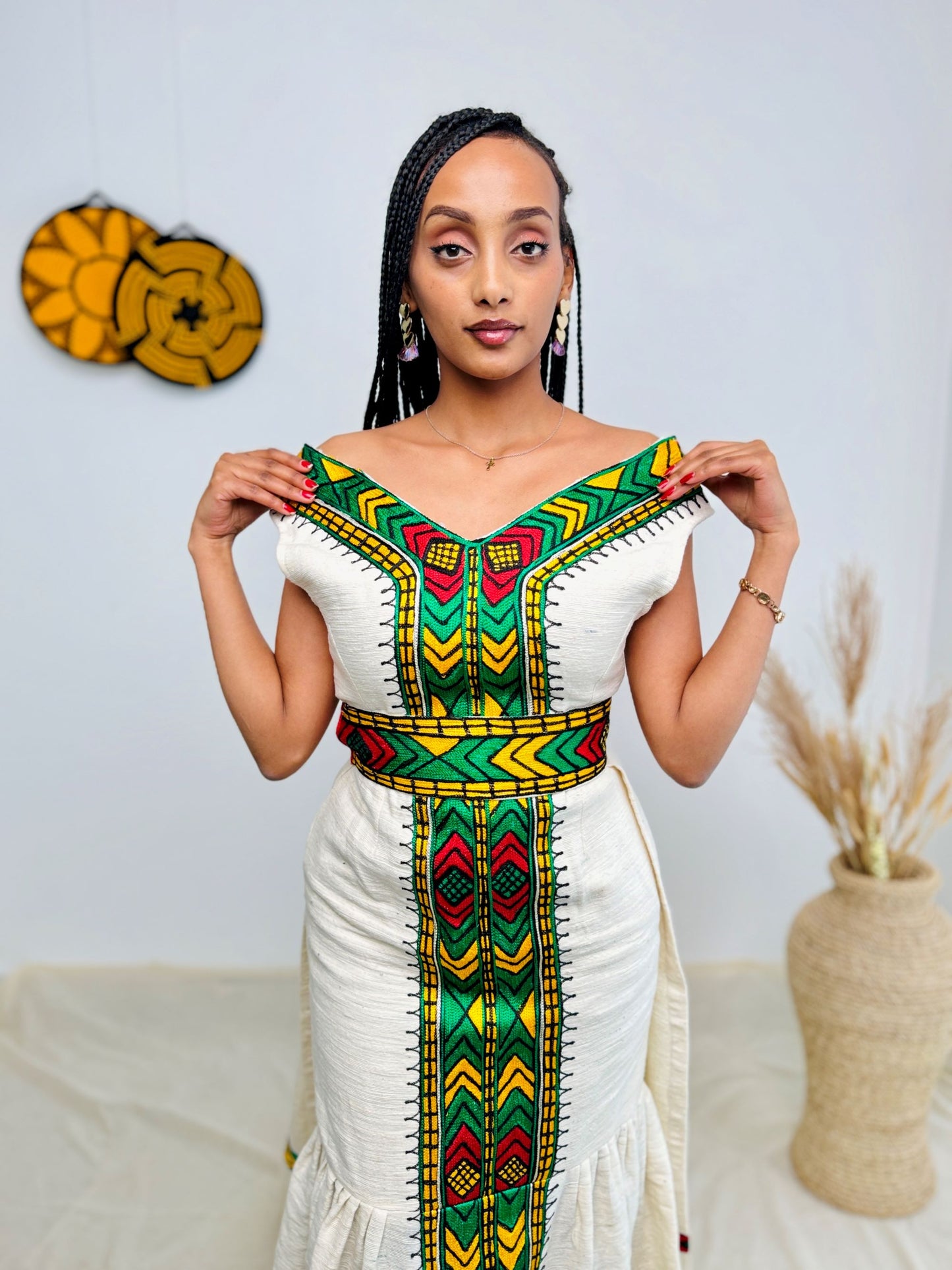 Ethiopian Cultural Dress | Sleeveless Habesha Kemis | Elegant Floor-Length Cut | Bold Green, Yellow & Red Tibeb | Traditional Yet Timeless Hab170