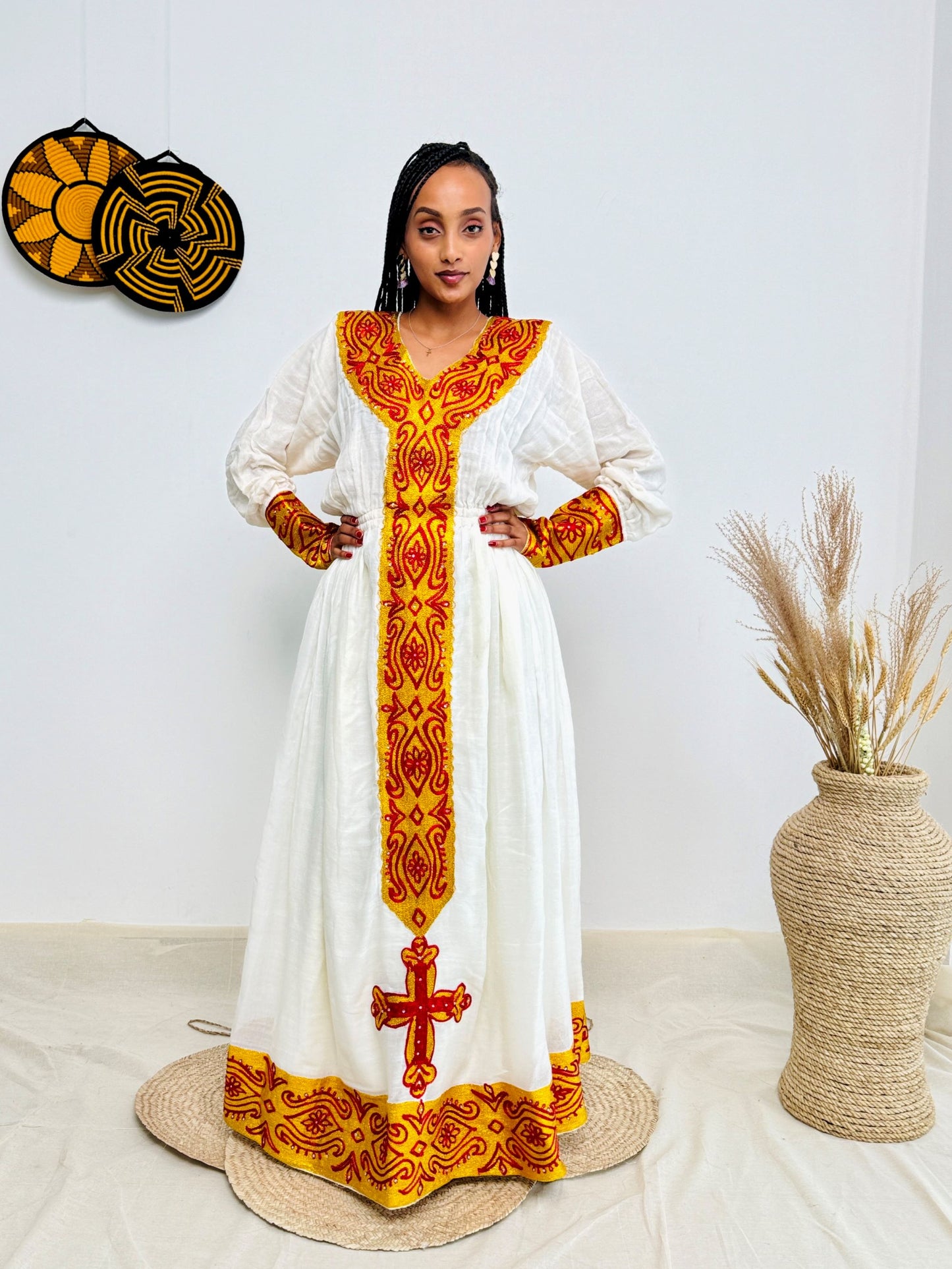 Elegant Ethiopian Handwoven Dress | Bold Red and Yellow Tibeb with Cross Motif | Cultural & Timeless Habesha Kemis Hab193
