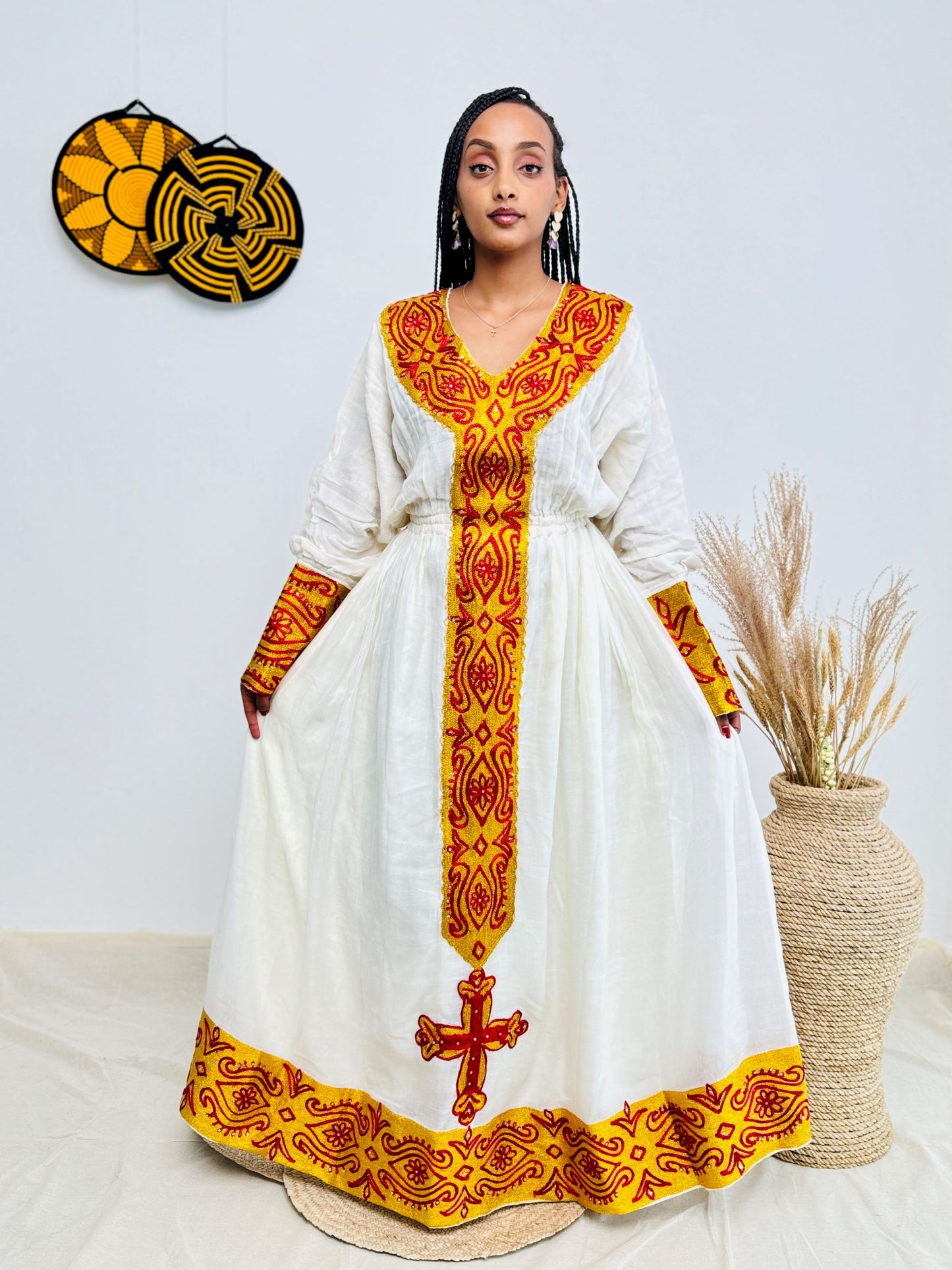 Elegant Ethiopian Handwoven Dress | Bold Red and Yellow Tibeb with Cross Motif | Cultural & Timeless Habesha Kemis Hab193