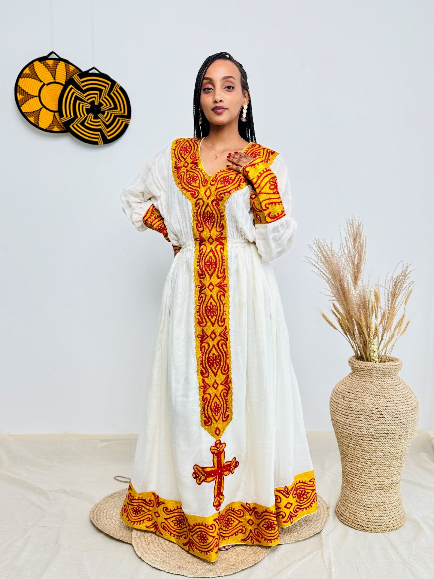 Elegant Ethiopian Handwoven Dress | Bold Red and Yellow Tibeb with Cross Motif | Cultural & Timeless Habesha Kemis Hab193