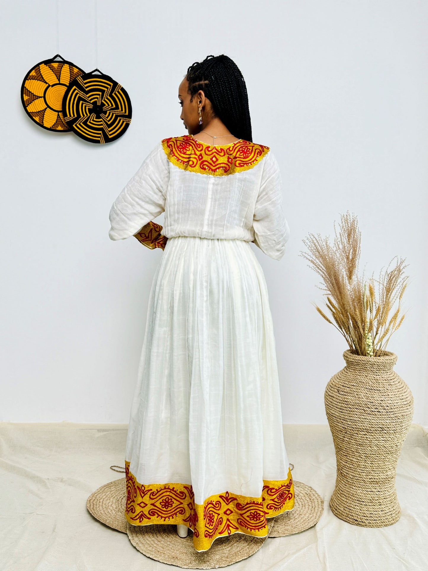 Elegant Ethiopian Handwoven Dress | Bold Red and Yellow Tibeb with Cross Motif | Cultural & Timeless Habesha Kemis Hab193