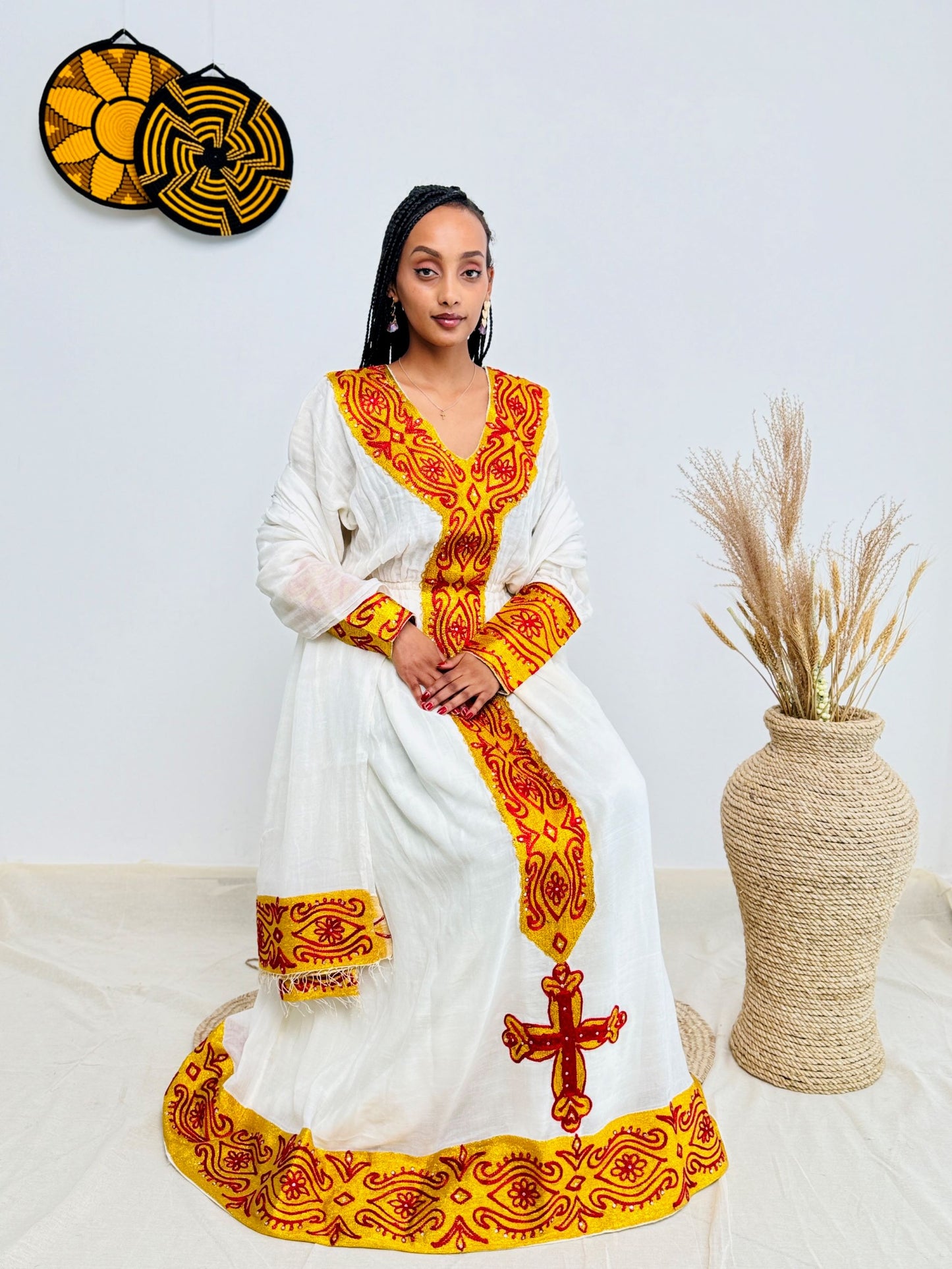 Elegant Ethiopian Handwoven Dress | Bold Red and Yellow Tibeb with Cross Motif | Cultural & Timeless Habesha Kemis Hab193