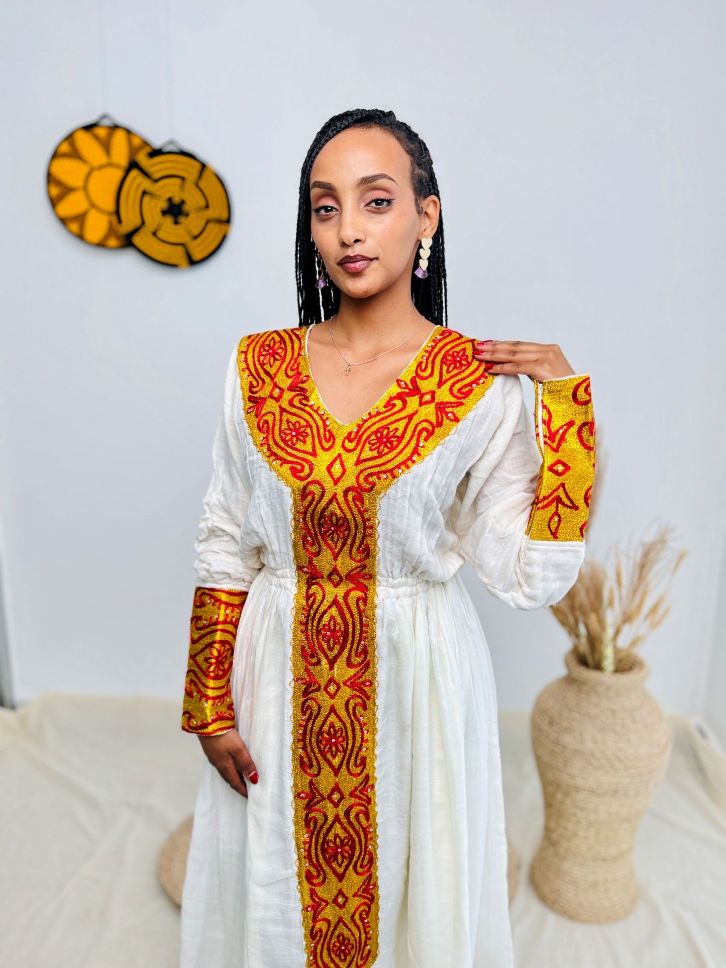 Elegant Ethiopian Handwoven Dress | Bold Red and Yellow Tibeb with Cross Motif | Cultural & Timeless Habesha Kemis Hab193