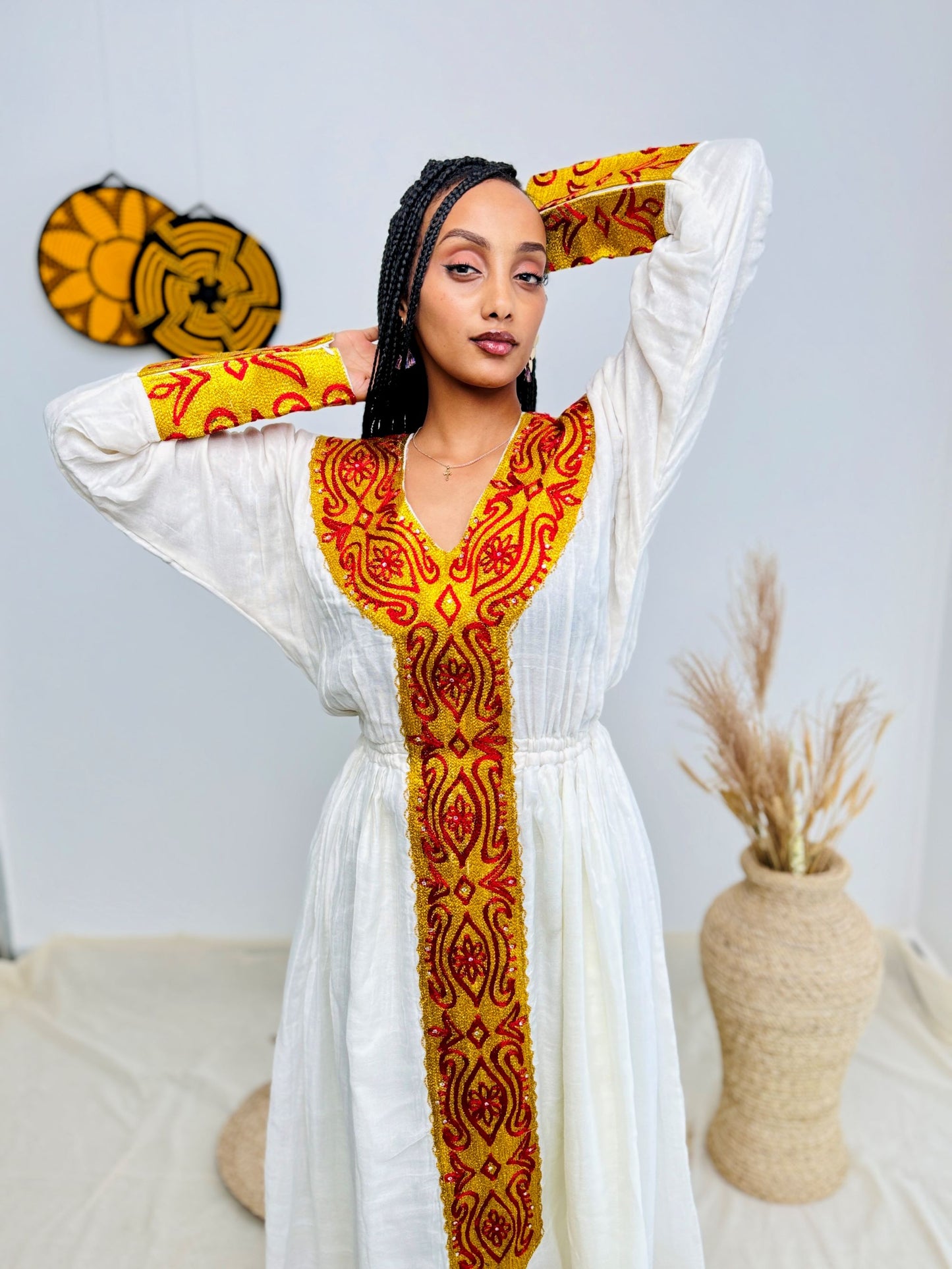 Elegant Ethiopian Handwoven Dress | Bold Red and Yellow Tibeb with Cross Motif | Cultural & Timeless Habesha Kemis Hab193