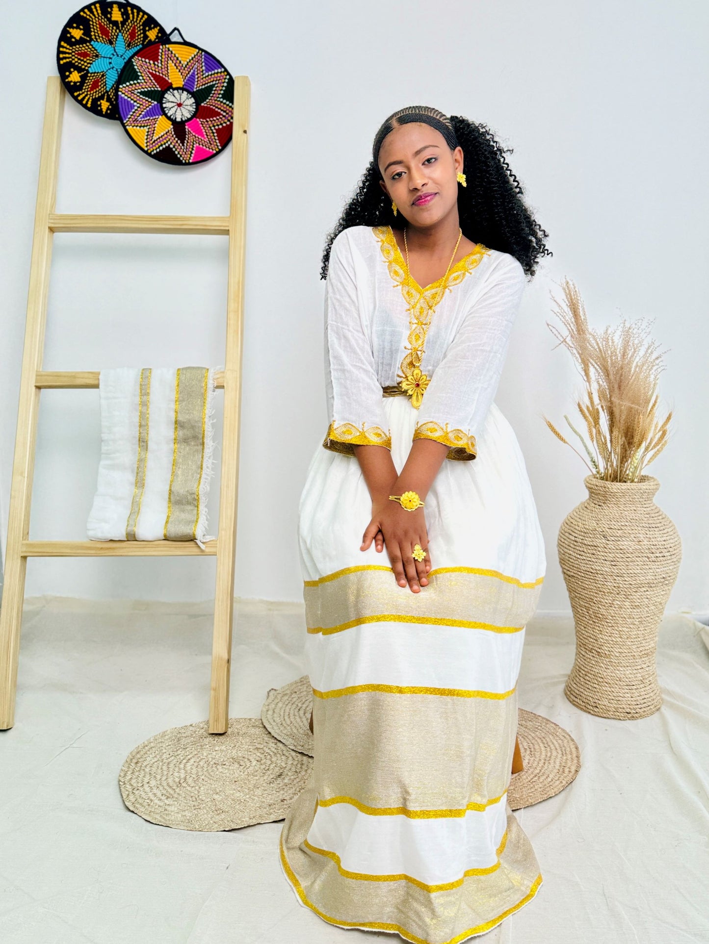 Golden Glow | Handwoven Ethiopian Habesha Dress with Royal Tilet Embroidery Hab226