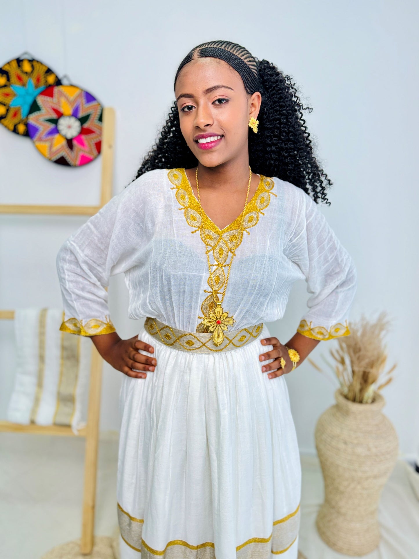Golden Glow | Handwoven Ethiopian Habesha Dress with Royal Tilet Embroidery Hab226