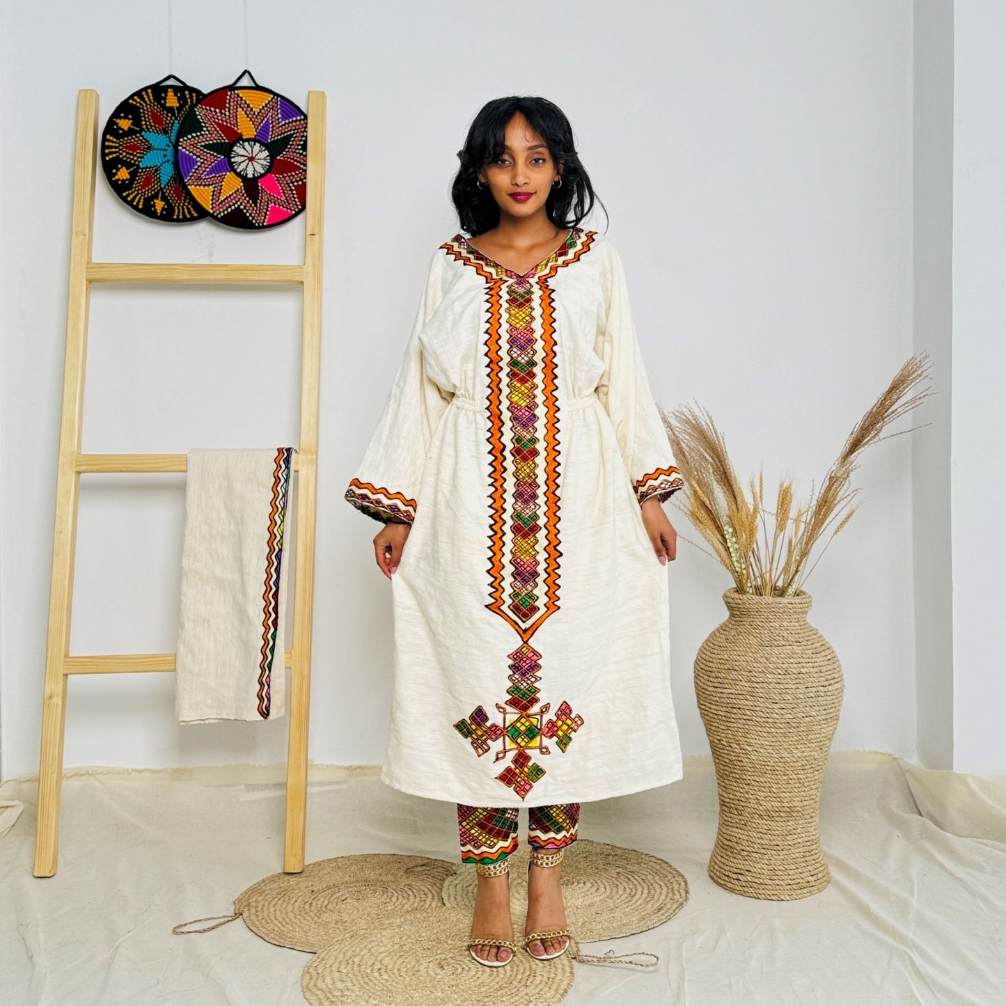 Colorful Ethiopian Cultural Dress Set – Habesha Kemis with Matching Pants | Handwoven with Orange & Red Tibeb Embroidery Hab178