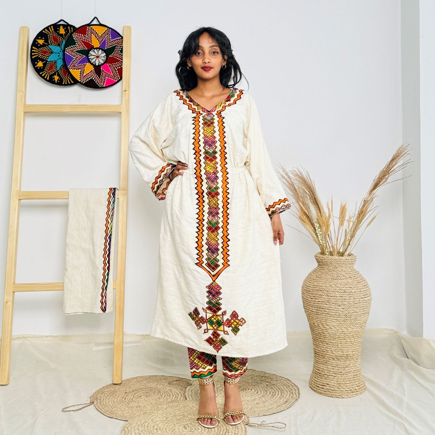 Colorful Ethiopian Cultural Dress Set – Habesha Kemis with Matching Pants | Handwoven with Orange & Red Tibeb Embroidery Hab178
