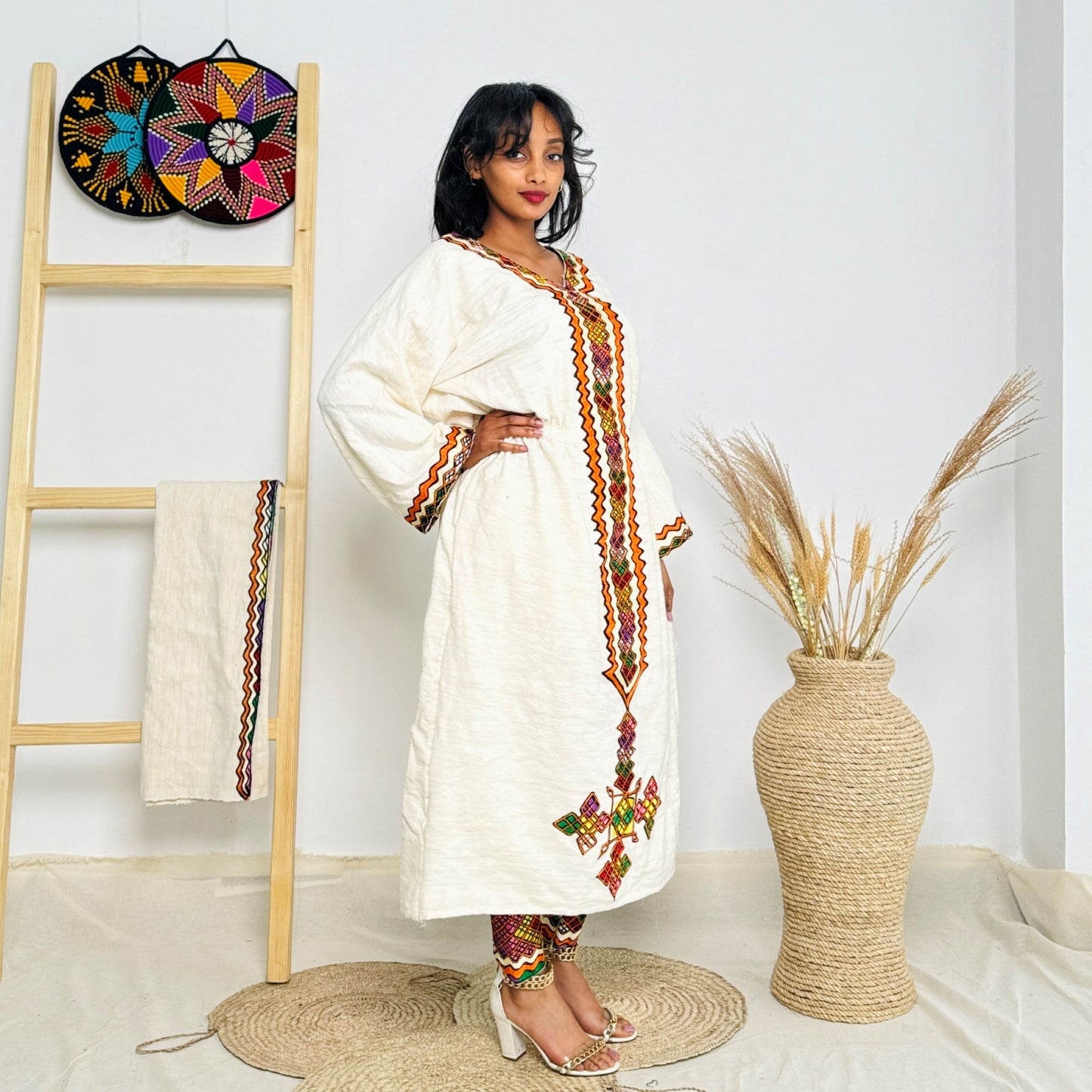 Colorful Ethiopian Cultural Dress Set – Habesha Kemis with Matching Pants | Handwoven with Orange & Red Tibeb Embroidery Hab178