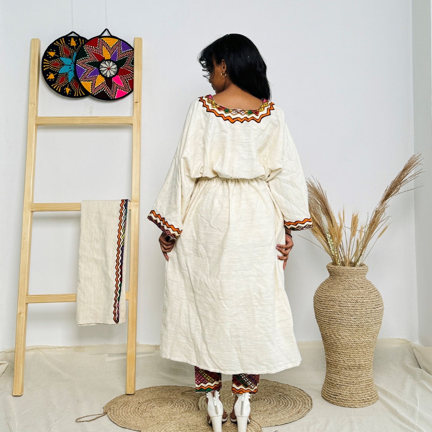 Colorful Ethiopian Cultural Dress Set – Habesha Kemis with Matching Pants | Handwoven with Orange & Red Tibeb Embroidery Hab178