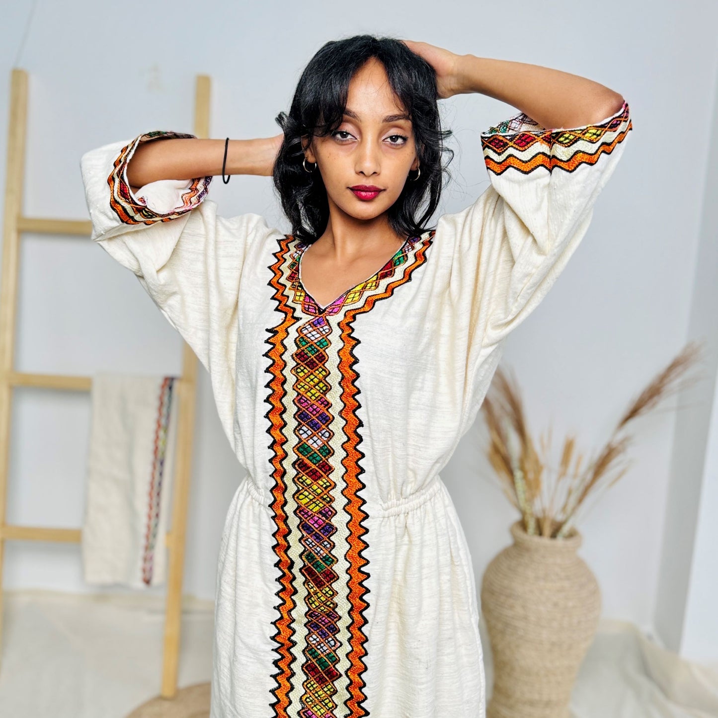 Colorful Ethiopian Cultural Dress Set – Habesha Kemis with Matching Pants | Handwoven with Orange & Red Tibeb Embroidery Hab178