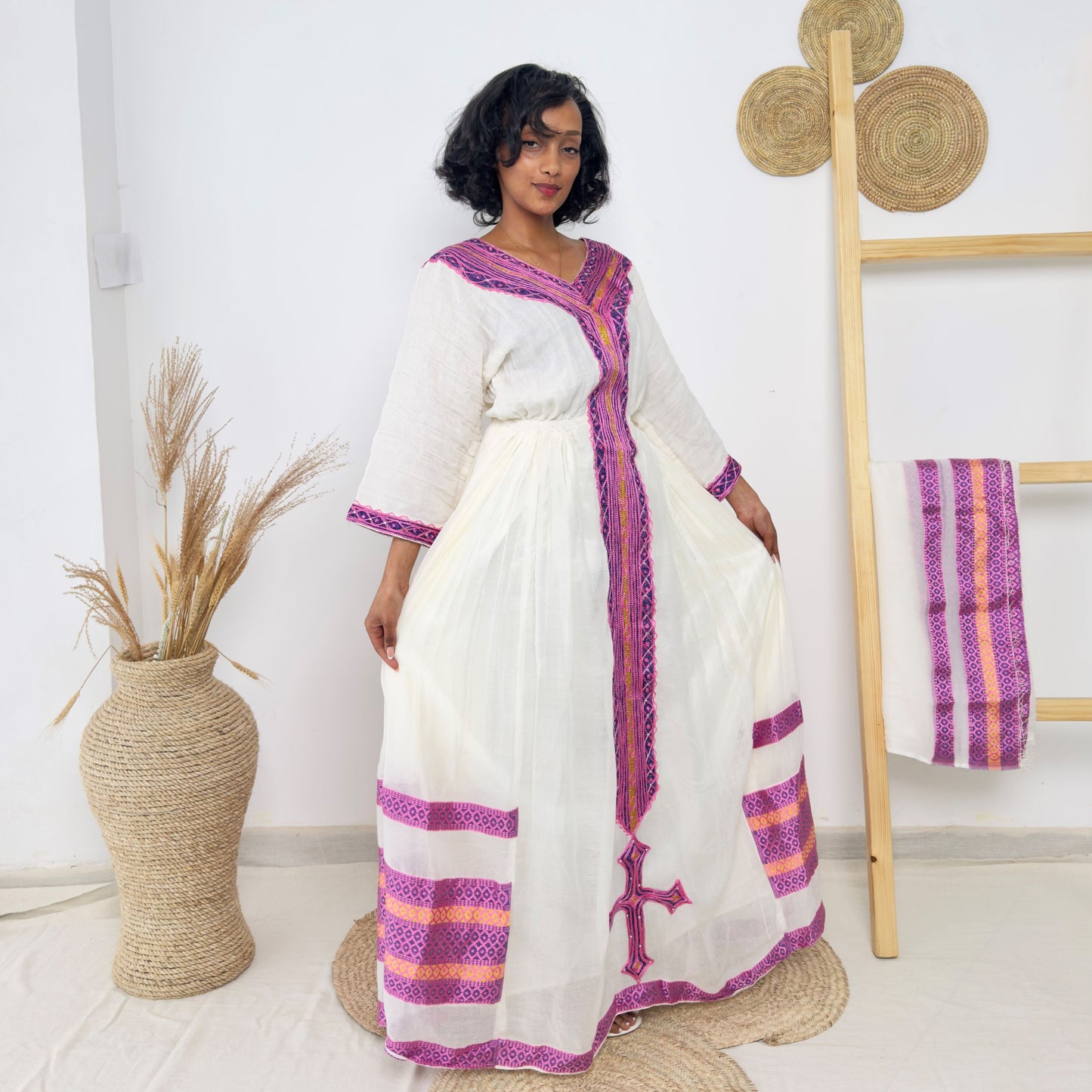 Radiant Cross Embroidered Habesha Dress | White & Violet Tilet Kemis Hab233