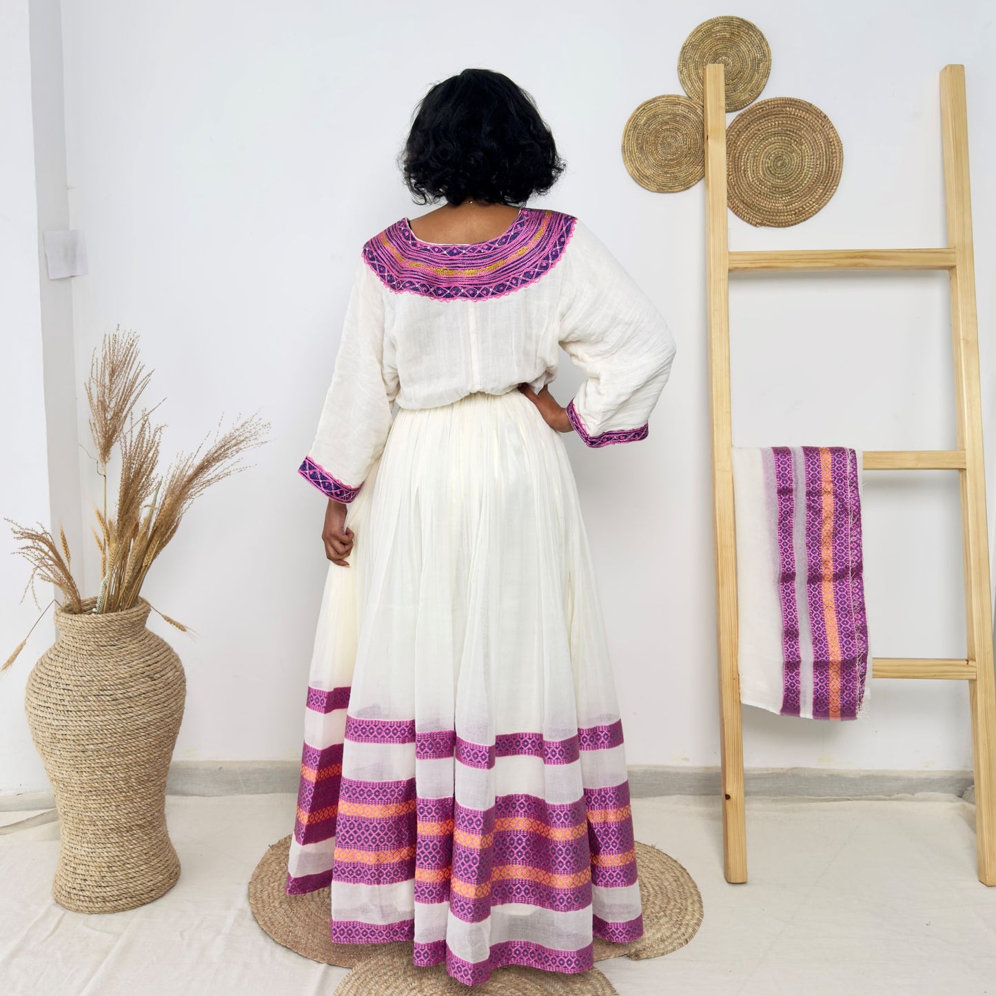 Radiant Cross Embroidered Habesha Dress | White & Violet Tilet Kemis Hab233