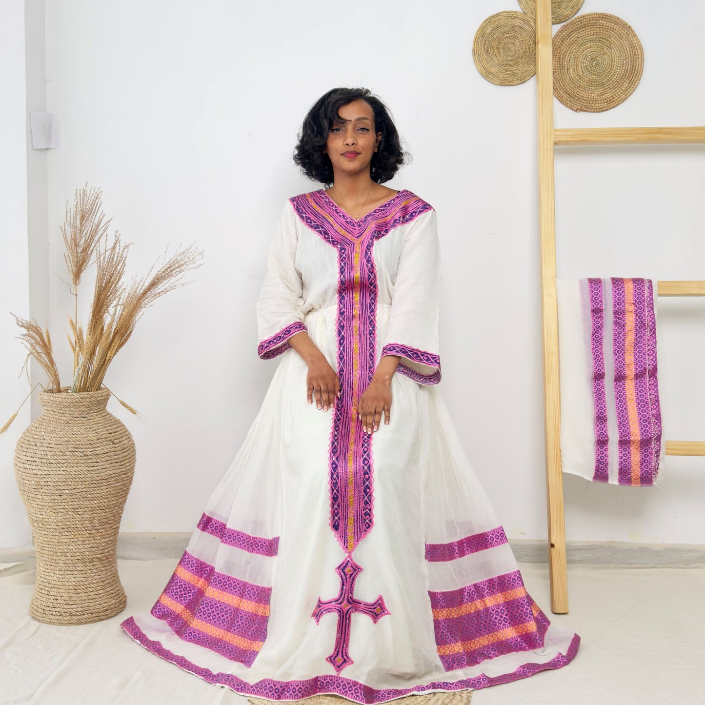 Radiant Cross Embroidered Habesha Dress | White & Violet Tilet Kemis Hab233