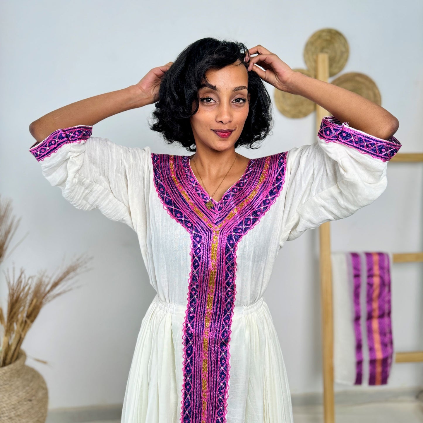 Radiant Cross Embroidered Habesha Dress | White & Violet Tilet Kemis Hab233