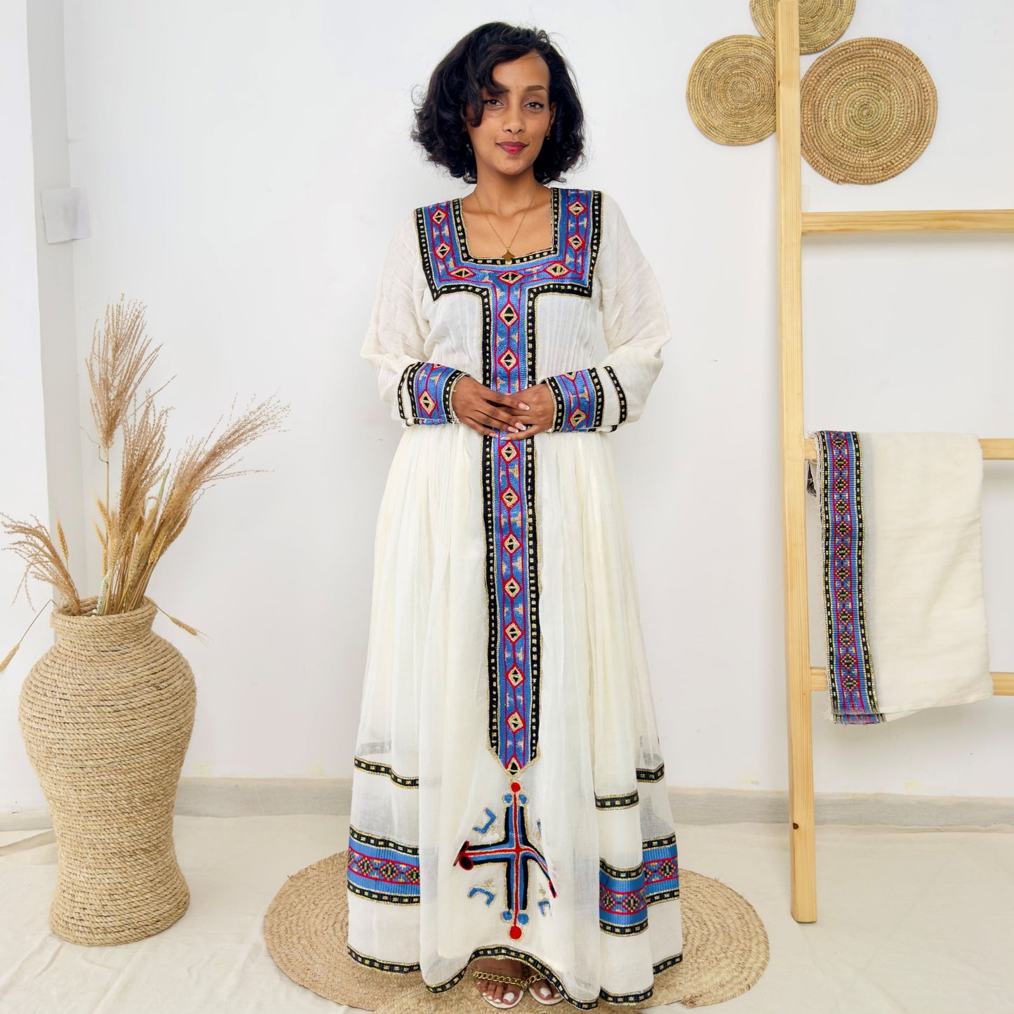Traditional Ethiopian Dress | Handwoven Habesha Kemis | Blue & Black Tibeb Cotton Dress | Handmade Cultural Dress Hab166
