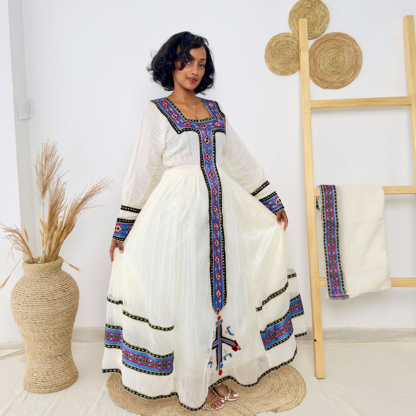 Traditional Ethiopian Dress | Handwoven Habesha Kemis | Blue & Black Tibeb Cotton Dress | Handmade Cultural Dress Hab166