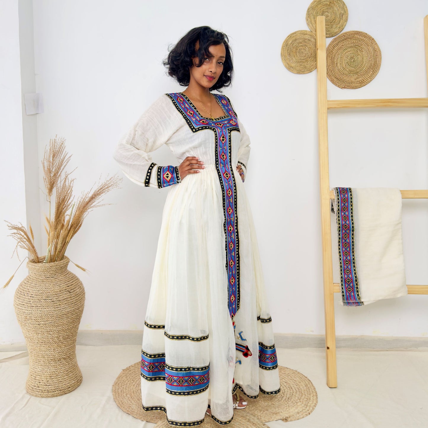 Traditional Ethiopian Dress | Handwoven Habesha Kemis | Blue & Black Tibeb Cotton Dress | Handmade Cultural Dress Hab166