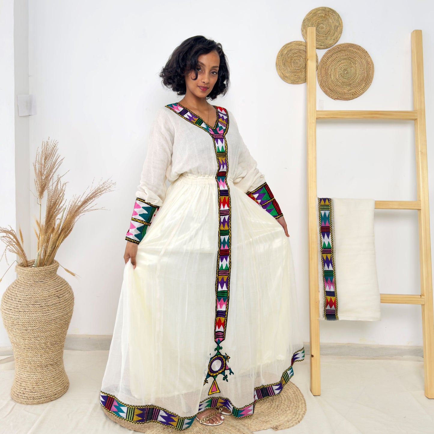 Colorful Tibeb Ethiopian Dress | Handwoven Cotton Flowy Gown | Traditional Handmade Cultural Wear | Multicolor Embroidery | Hab197