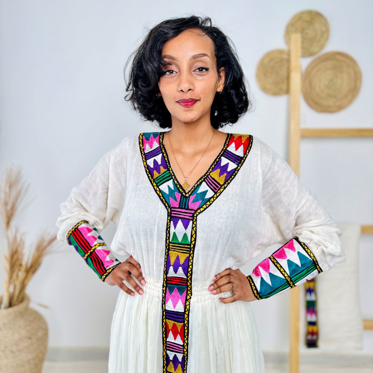 Colorful Tibeb Ethiopian Dress | Handwoven Cotton Flowy Gown | Traditional Handmade Cultural Wear | Multicolor Embroidery | Hab197