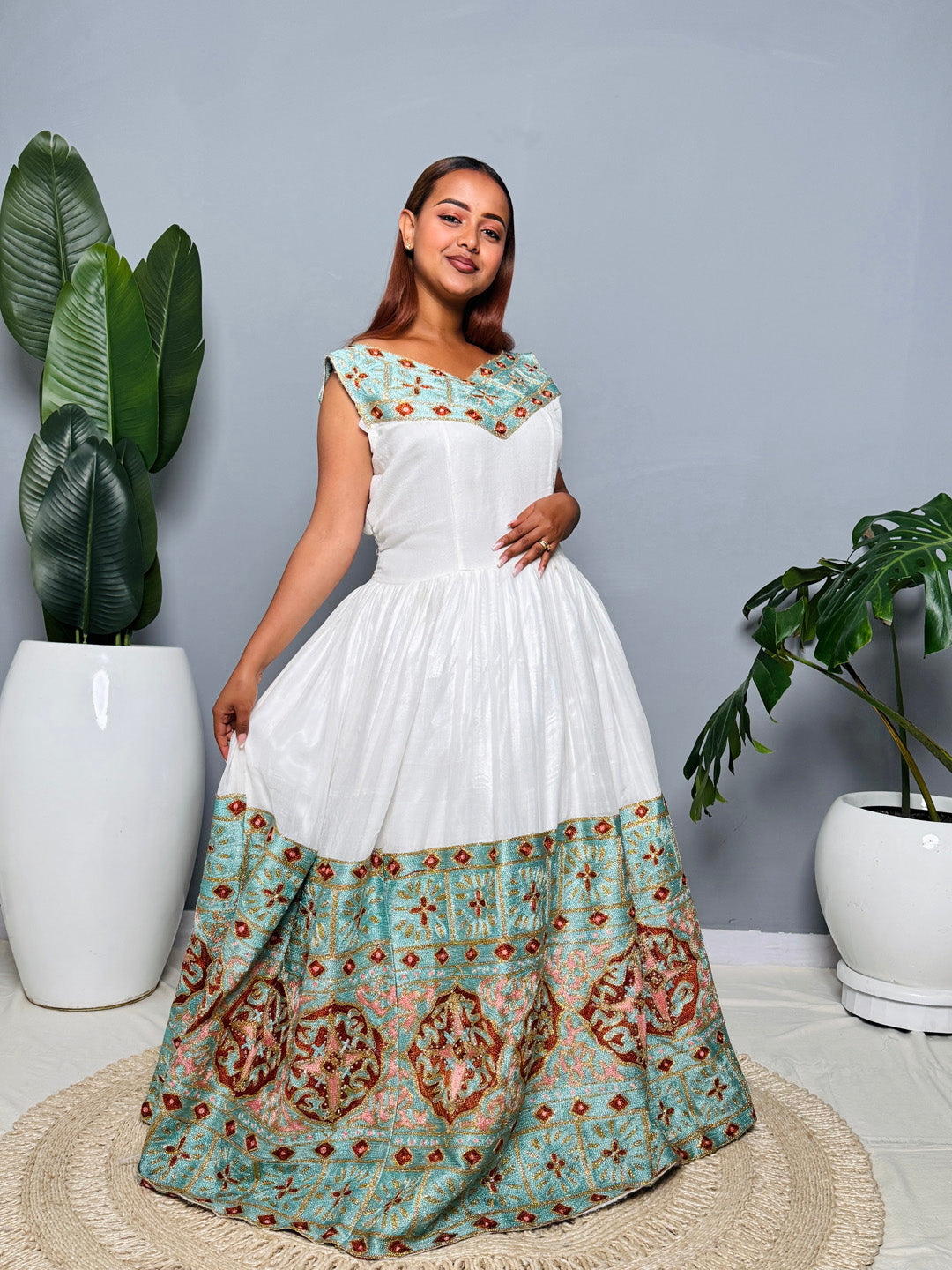 Ethiopian Habesha Kemis | Elegant Blue & Gold Embroidered Traditional Dress | Handmade Cotton Dress for Weddings, Fasika & Special Events Hab189