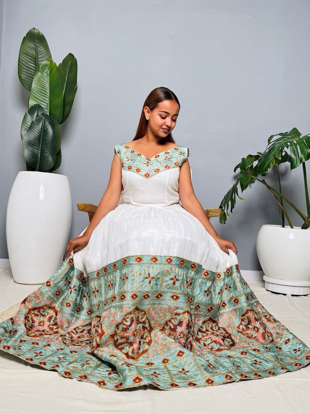 Ethiopian Habesha Kemis | Elegant Blue & Gold Embroidered Traditional Dress | Handmade Cotton Dress for Weddings, Fasika & Special Events Hab189