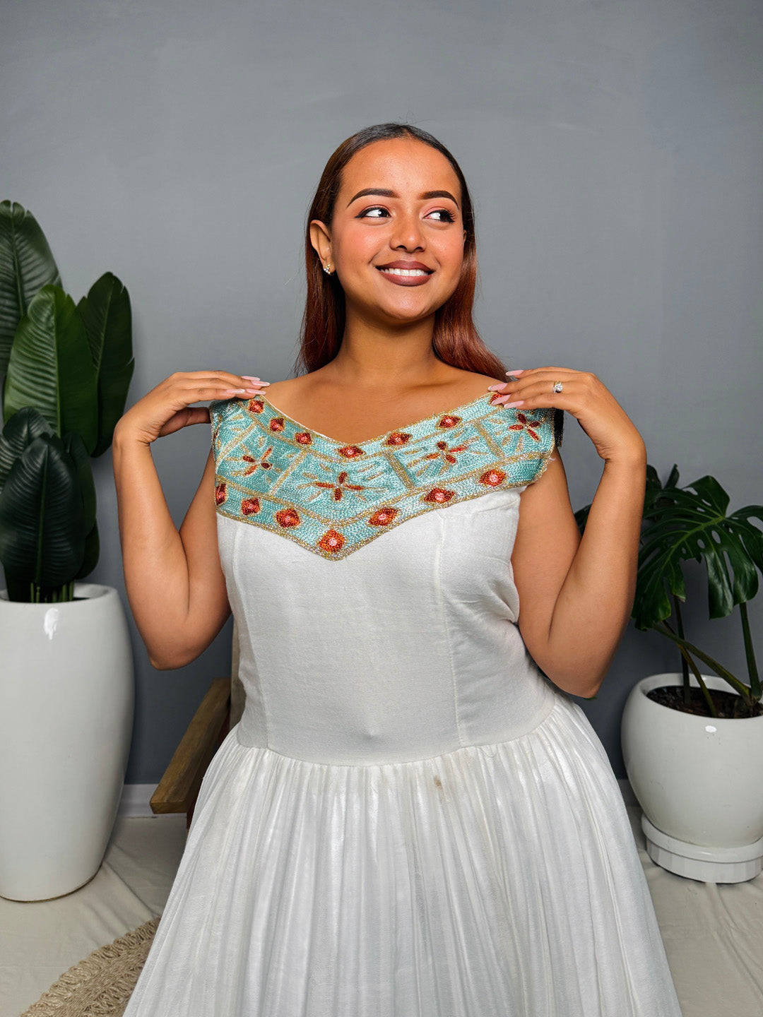 Ethiopian Habesha Kemis | Elegant Blue & Gold Embroidered Traditional Dress | Handmade Cotton Dress for Weddings, Fasika & Special Events Hab189