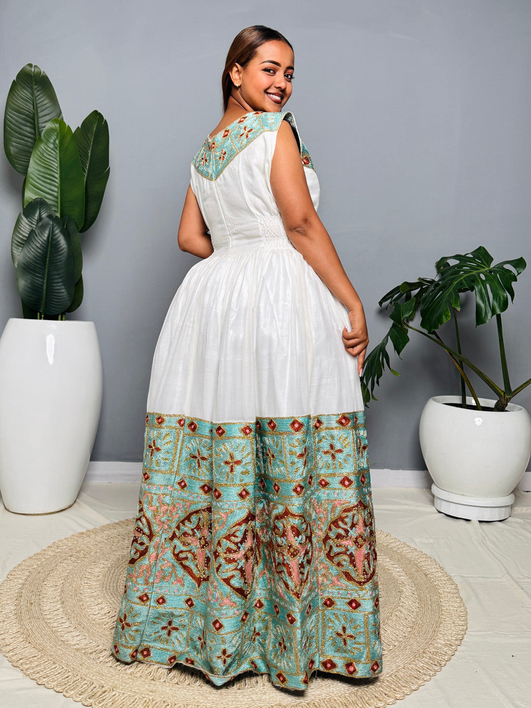 Ethiopian Habesha Kemis | Elegant Blue & Gold Embroidered Traditional Dress | Handmade Cotton Dress for Weddings, Fasika & Special Events Hab189