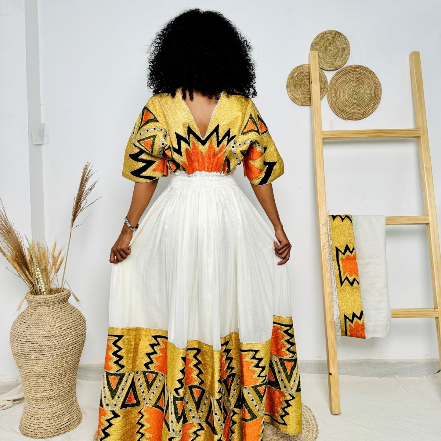 Vibrant Ethiopian Handwoven Dress | Bold Yellow, Orange & Black Tibeb | Modern Cultural Statement Hab175