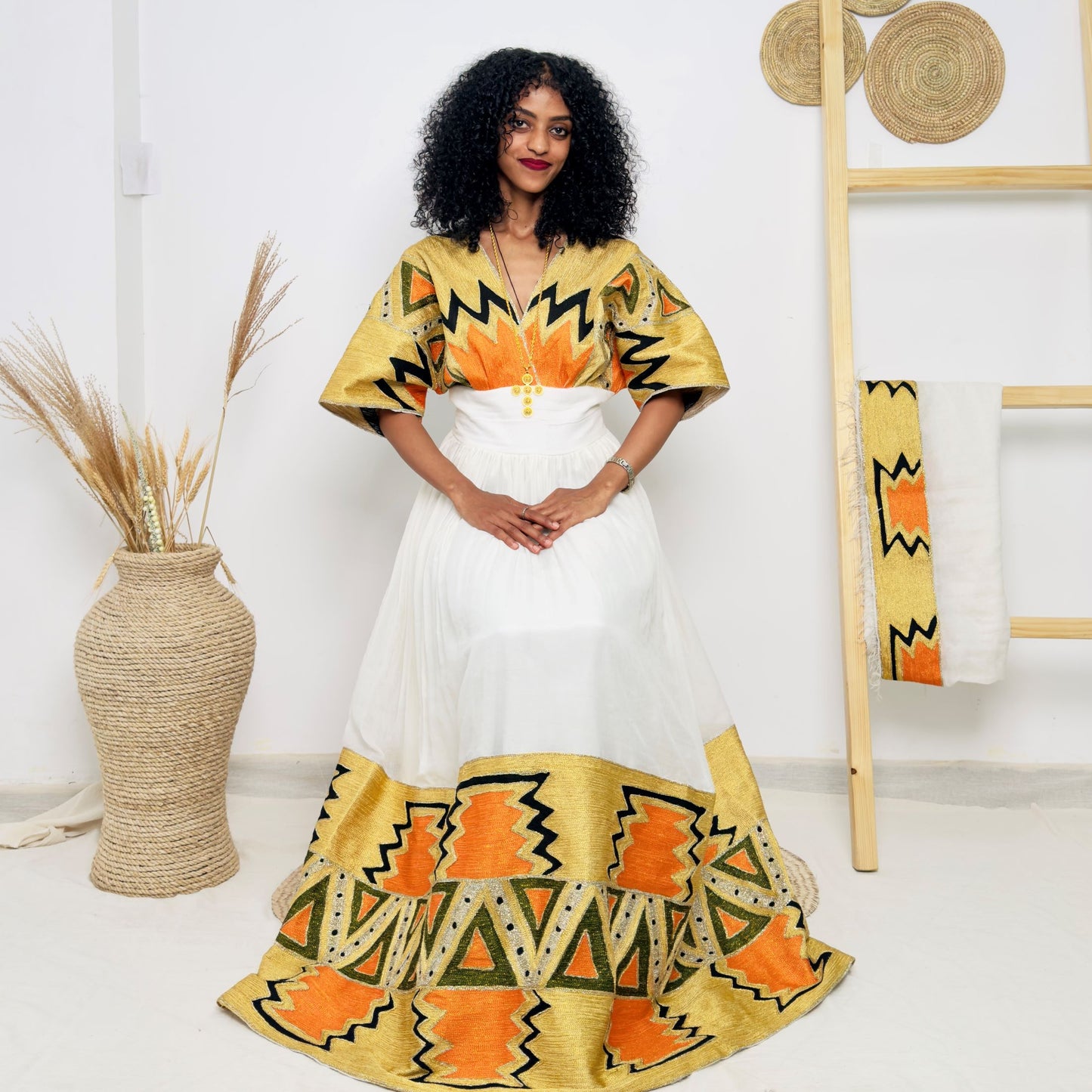 Vibrant Ethiopian Handwoven Dress | Bold Yellow, Orange & Black Tibeb | Modern Cultural Statement Hab175