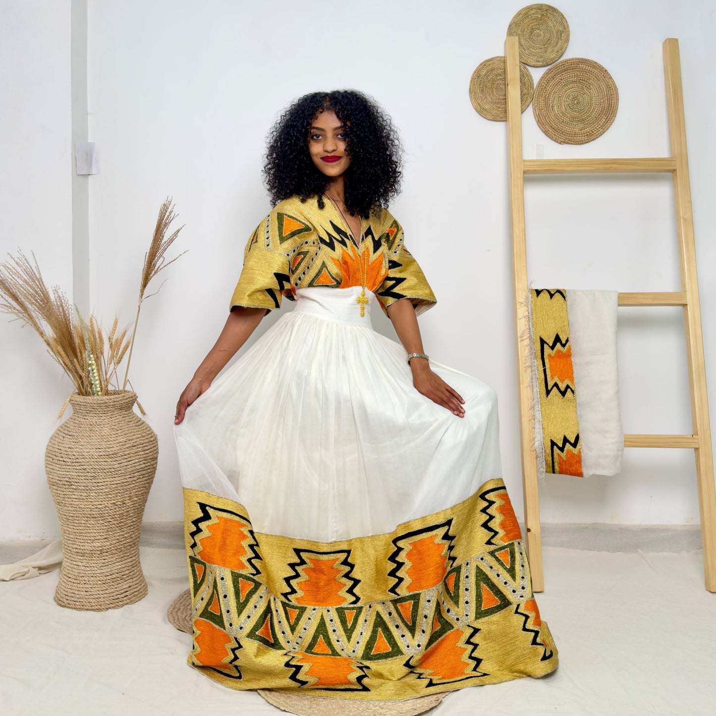 Vibrant Ethiopian Handwoven Dress | Bold Yellow, Orange & Black Tibeb | Modern Cultural Statement Hab175