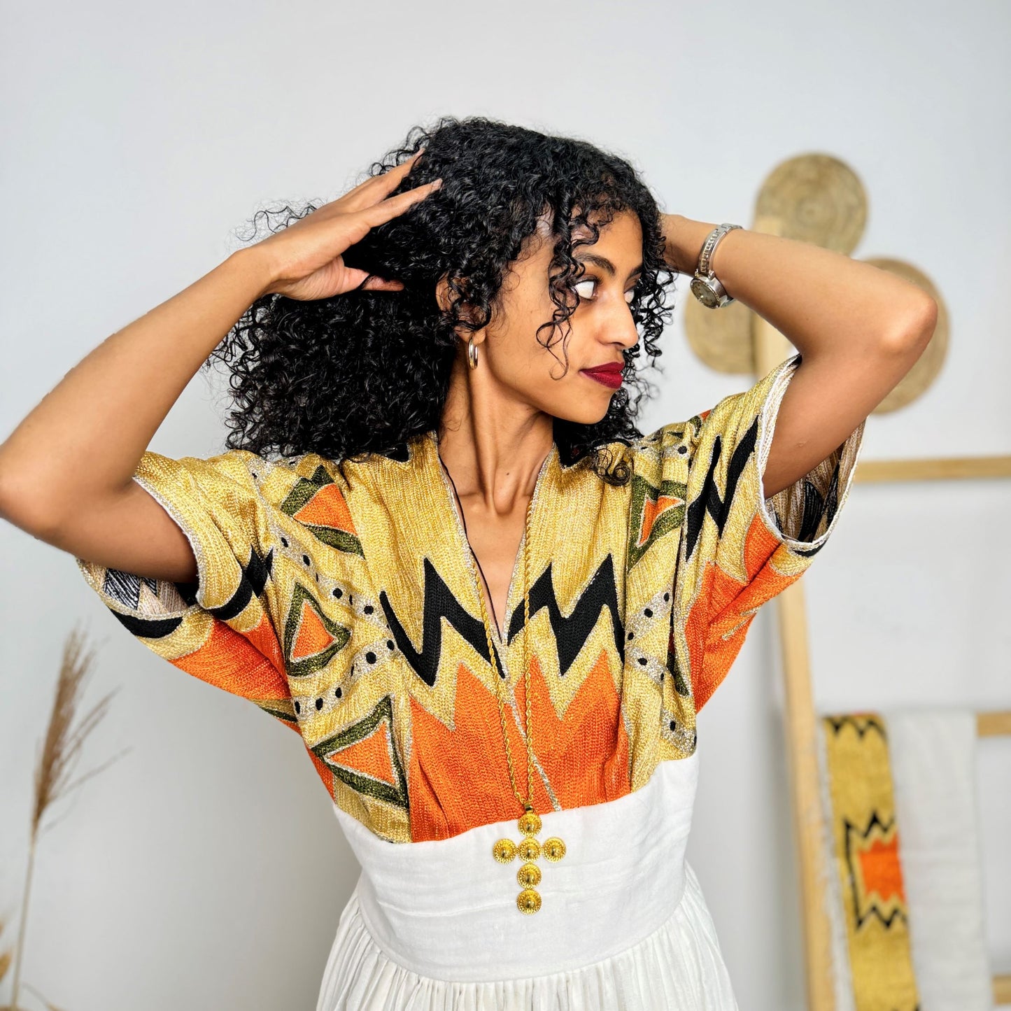 Vibrant Ethiopian Handwoven Dress | Bold Yellow, Orange & Black Tibeb | Modern Cultural Statement Hab175