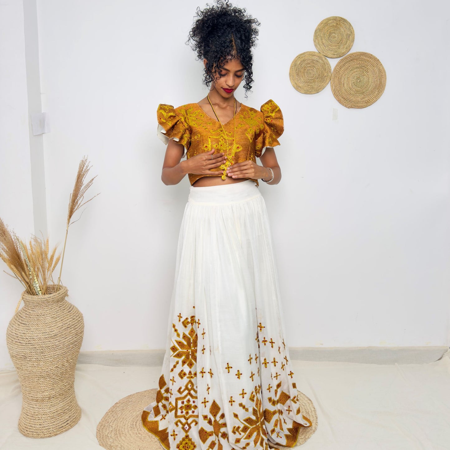 Ethiopian Habesha Kemis Dress | Handwoven Traditional Gown | Eritrean Wedding Attire | Golden Embroidered Handmade Dress | Hab188