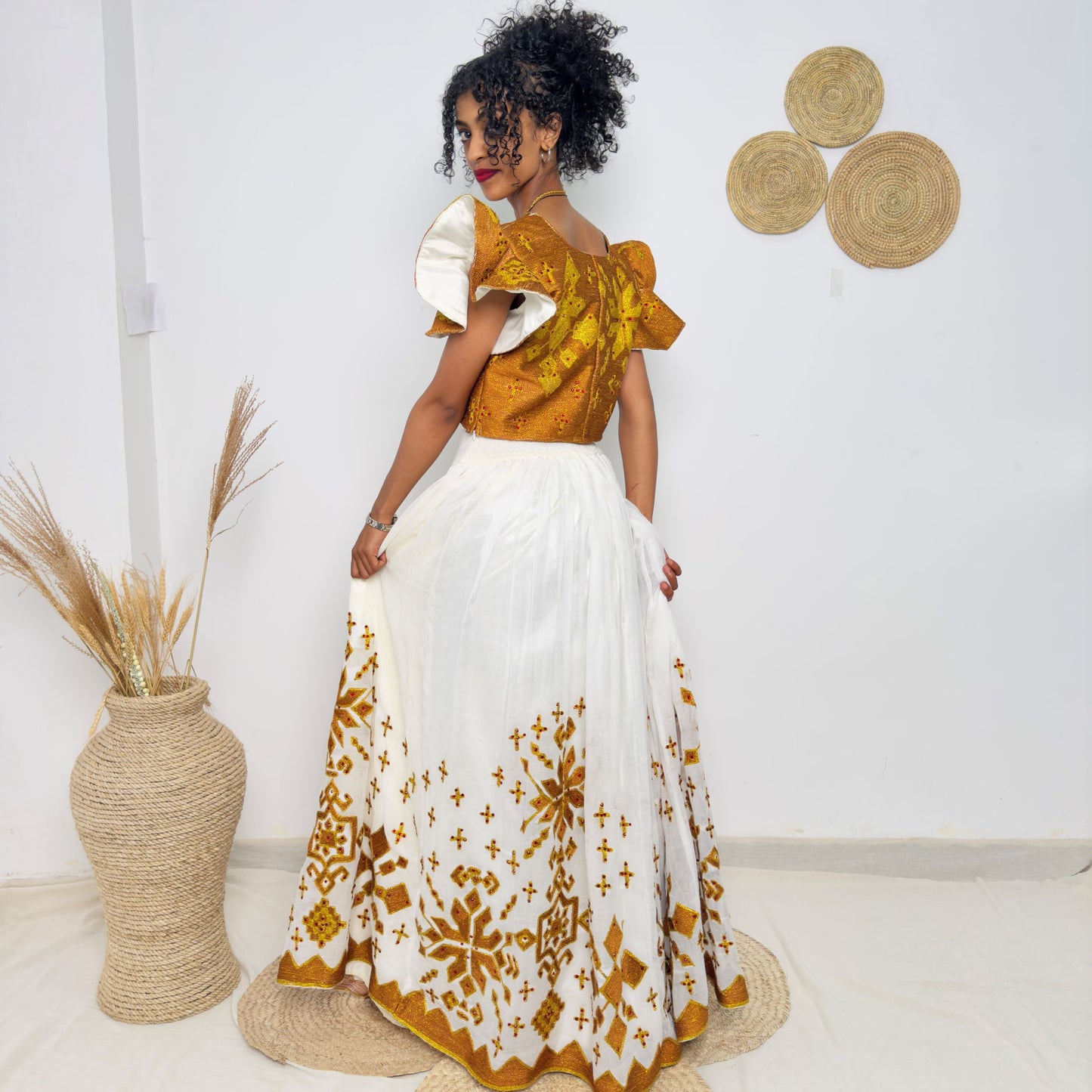 Ethiopian Habesha Kemis Dress | Handwoven Traditional Gown | Eritrean Wedding Attire | Golden Embroidered Handmade Dress | Hab188