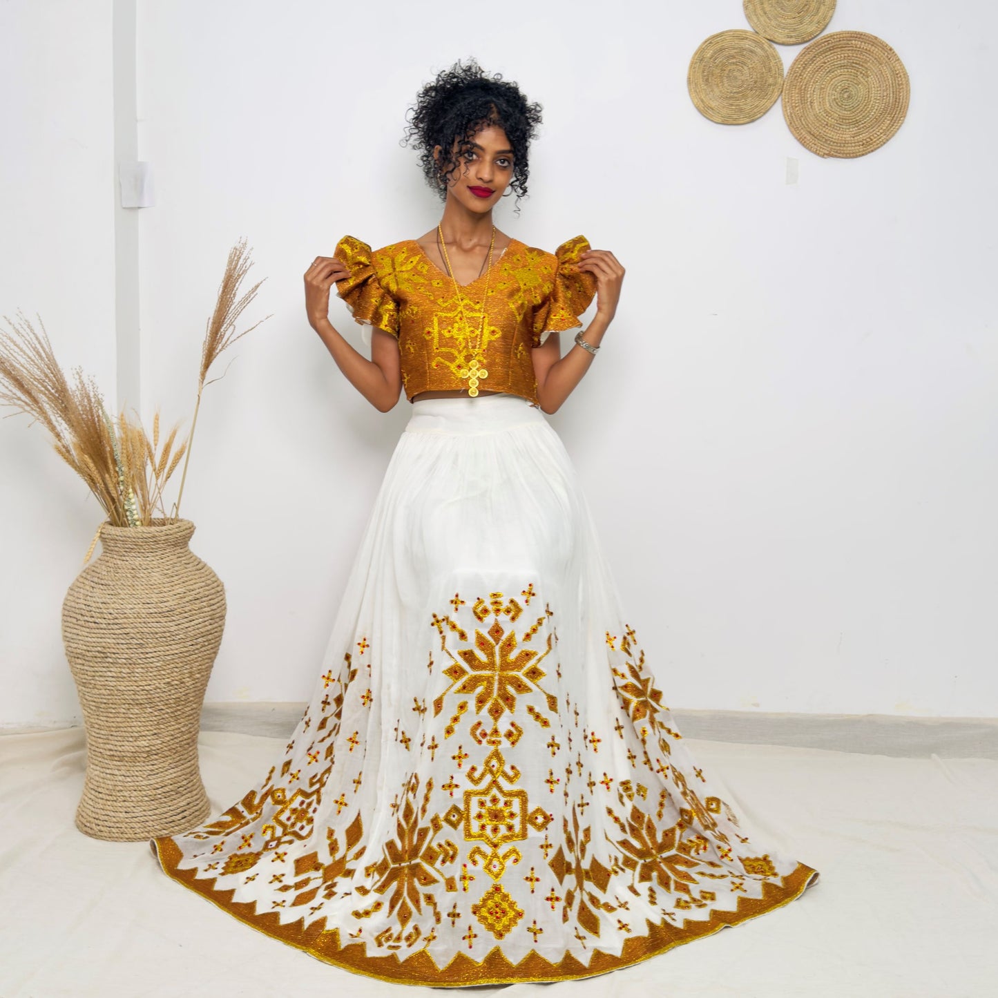 Ethiopian Habesha Kemis Dress | Handwoven Traditional Gown | Eritrean Wedding Attire | Golden Embroidered Handmade Dress | Hab188